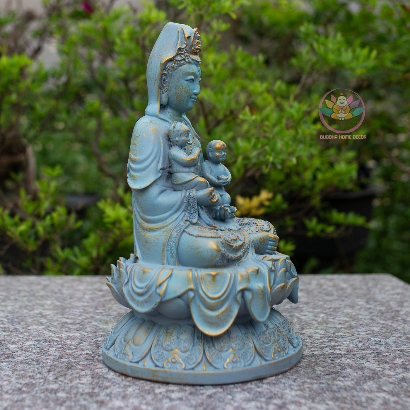 Quan Yin with Children Statue 11.8" | Composite Resin and Stone Powder | Blue Finish Guanyin Bodhisattva