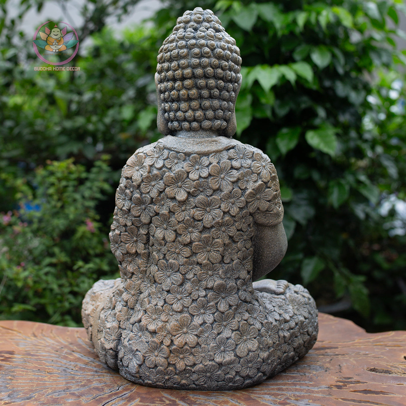 Meditating Buddha Statue 16.9" – Antique Stone Finish Floral Robe Buddha Sculpture