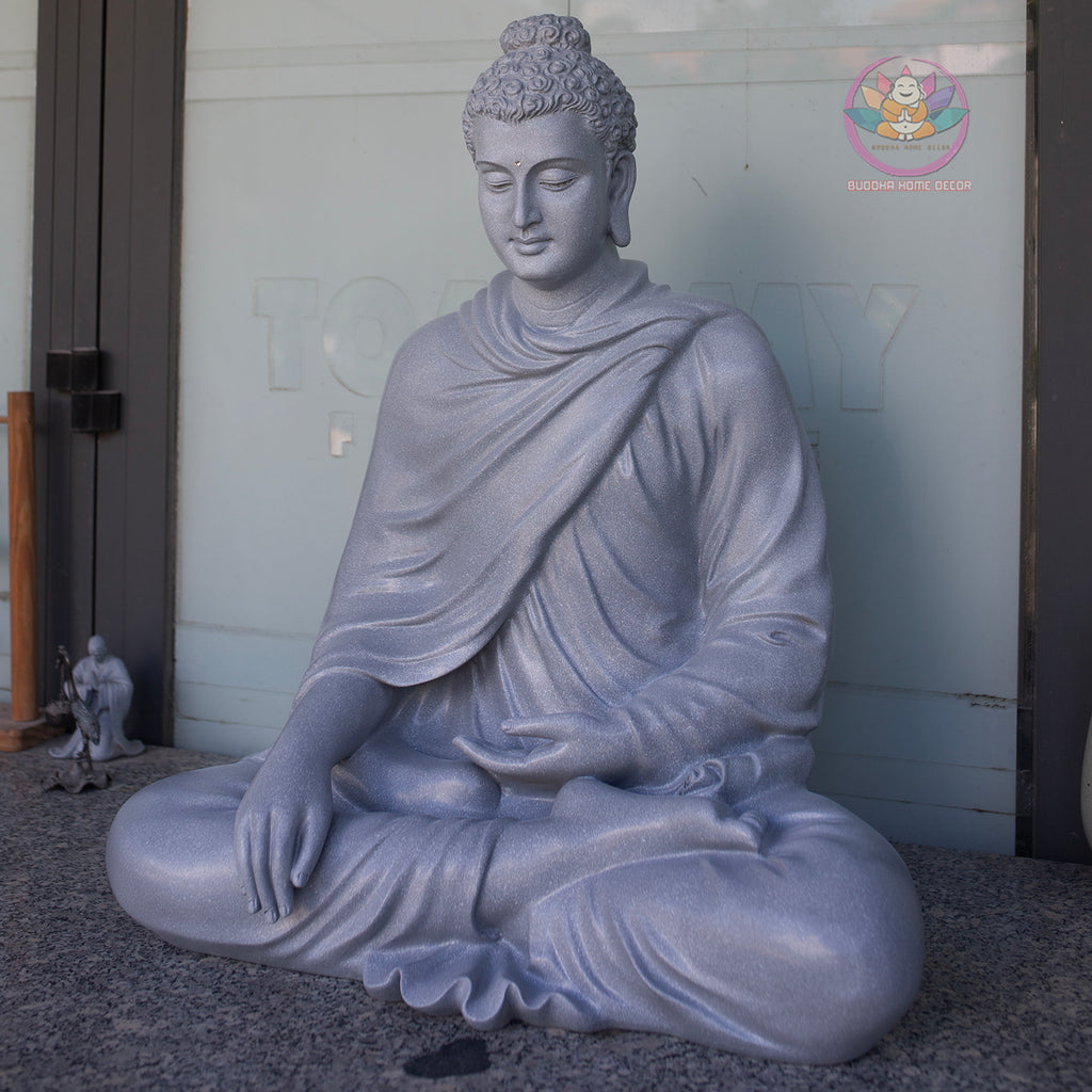 Shakyamuni Buddha Statue – Large Grey Stone Finish Seated Buddha Meditation Sculpture 29.5"
