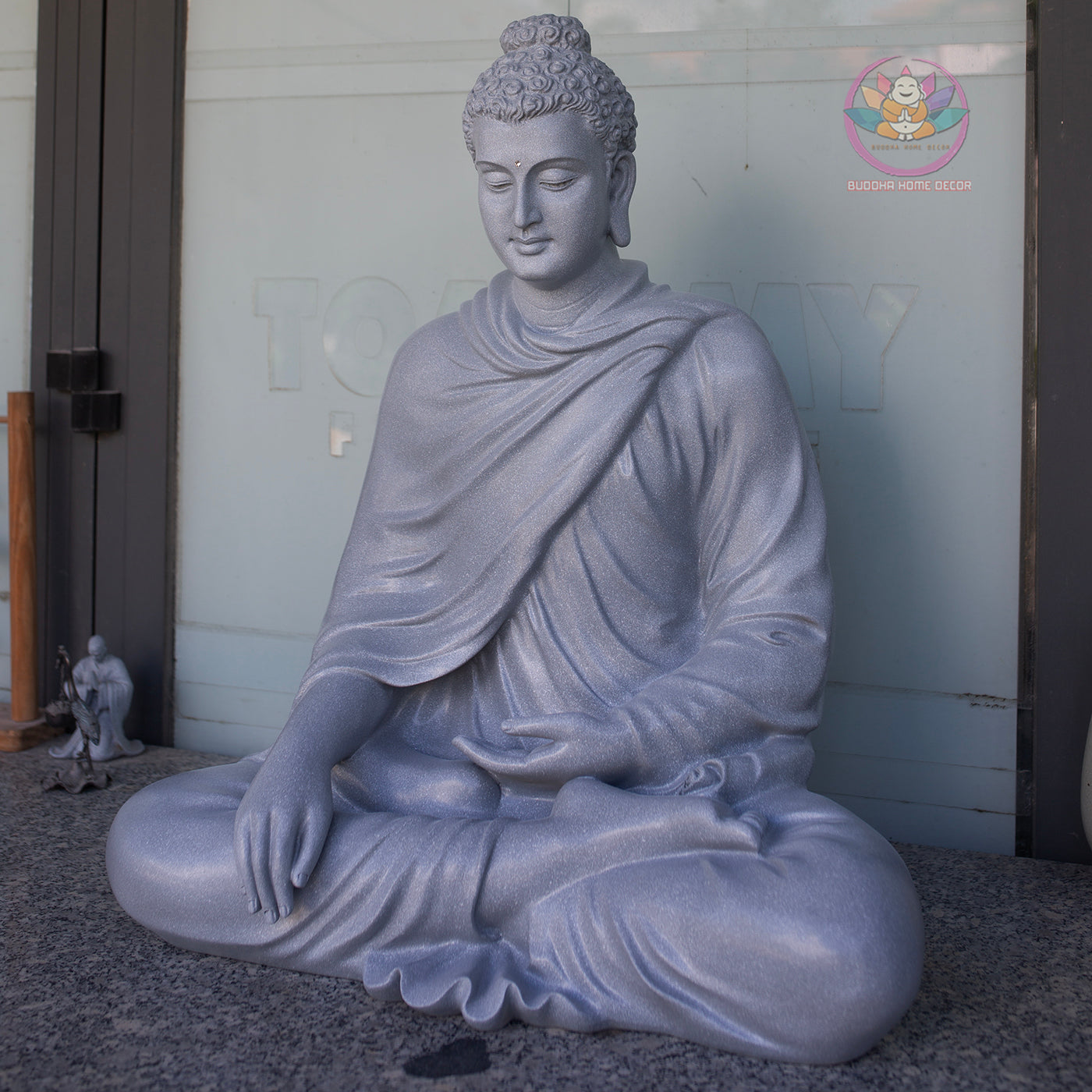 Shakyamuni Buddha Statue – Large Grey Stone Finish Seated Buddha Meditation Sculpture 29.5"