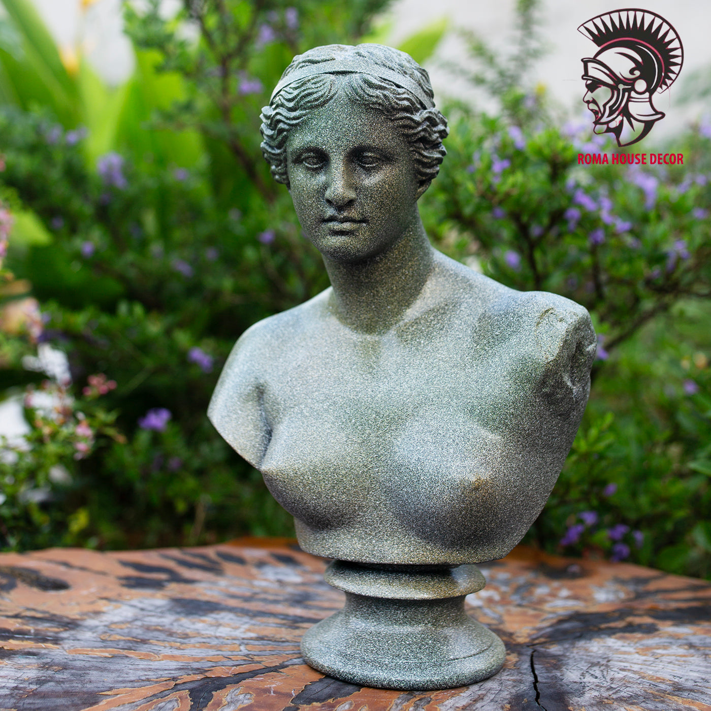 Venus de Milo Bust with Column Pedestal – Greek Goddess Sculpture Set, Green Stone Finish (11.8" & 13")