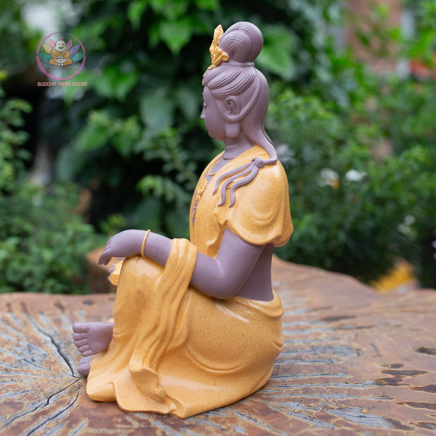 Guanyin Bodhisattva Statue 9.8" – Resin & Stone Powder Seated Kwan Yin in Golden Jade Finish