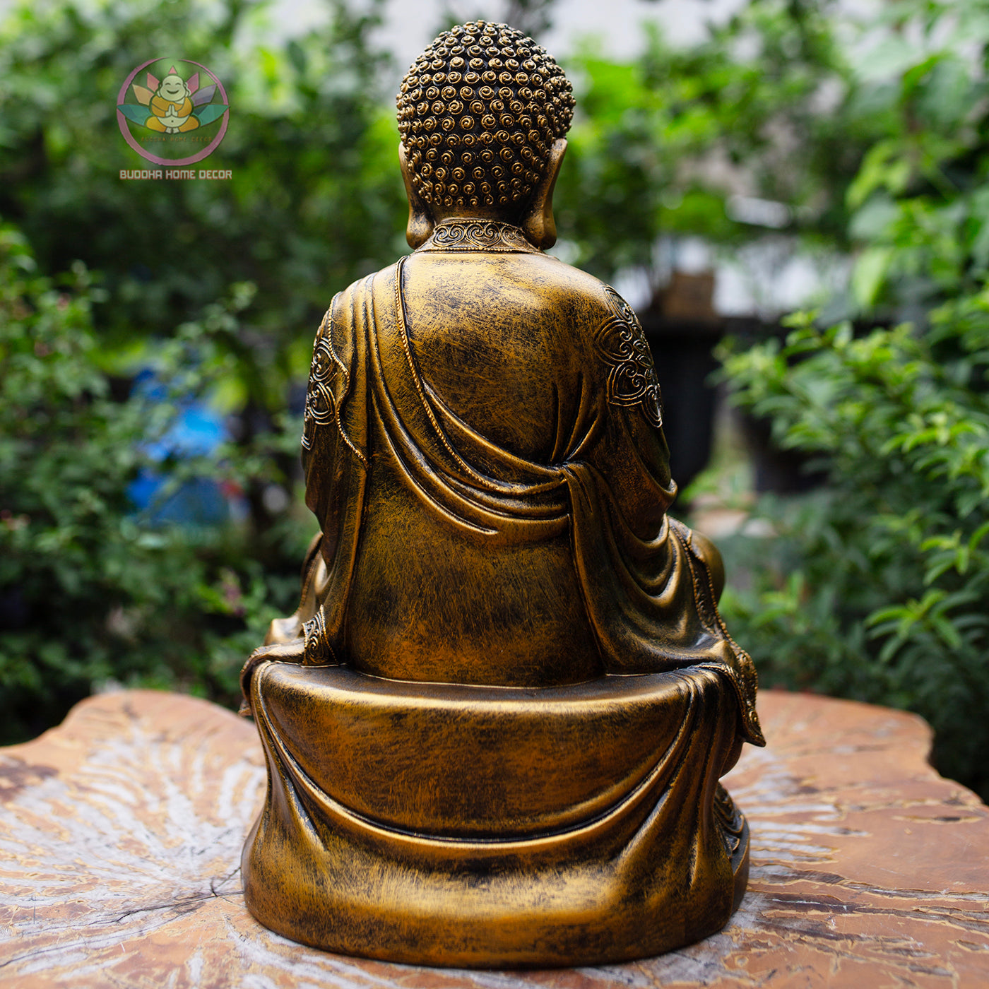Golden Amitabha Buddha Statue – 14.9" Resin & Stone Sculpture | Meditating Buddha on Lotus Base