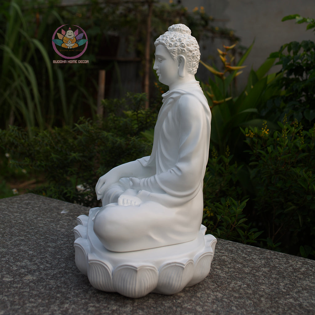 Large White Shakyamuni Buddha Statue – Handmade Lotus Base Meditation Decor
