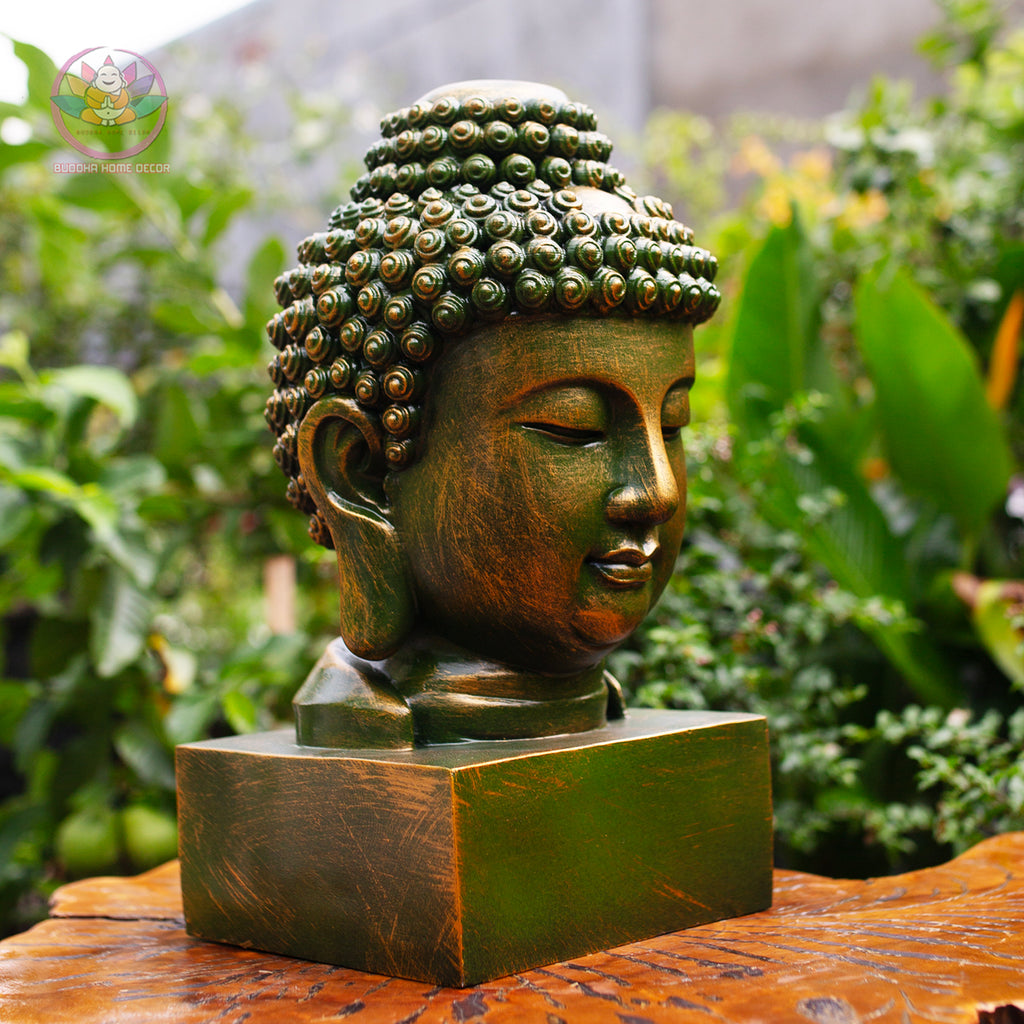 Buddha Head Statue – Antique Bronze Resin Sculpture – Zen Home Decor, Meditation Space Accent, Spiritual Gift, Asian Art Ornament