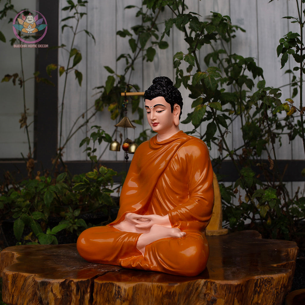 Shakyamuni Buddha Statue – 13.7" Meditation Figure in Orange Robe | Handcrafted Resin Sculpture for Altar & Zen Space