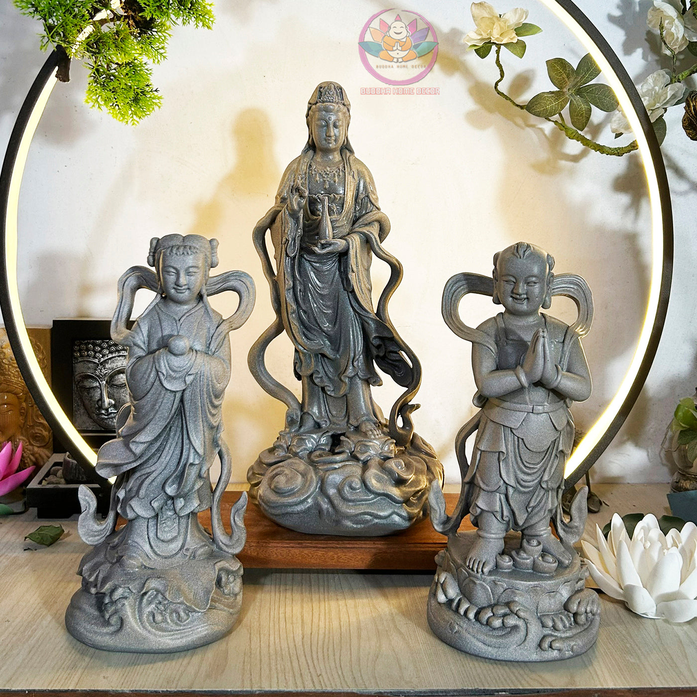 Heavenly Attendant Statue Set 11.8” | Boy & Girl Attendants (Tien Dong Ngoc Nu) | Resin Figurines for Altar, Buddhist Decor