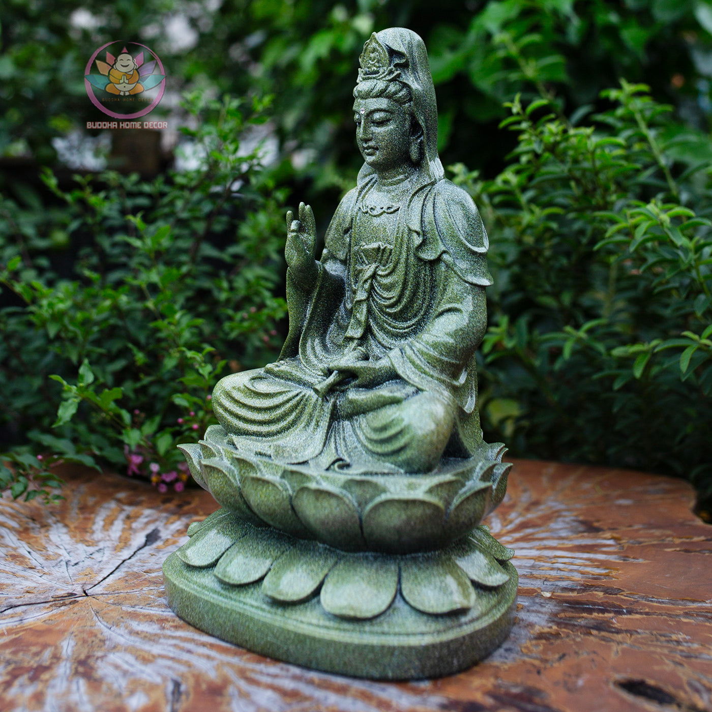 Quan Yin Bodhisattva Statue 11.8" | Green Stone Finish | Seated Guanyin on Lotus Pedestal