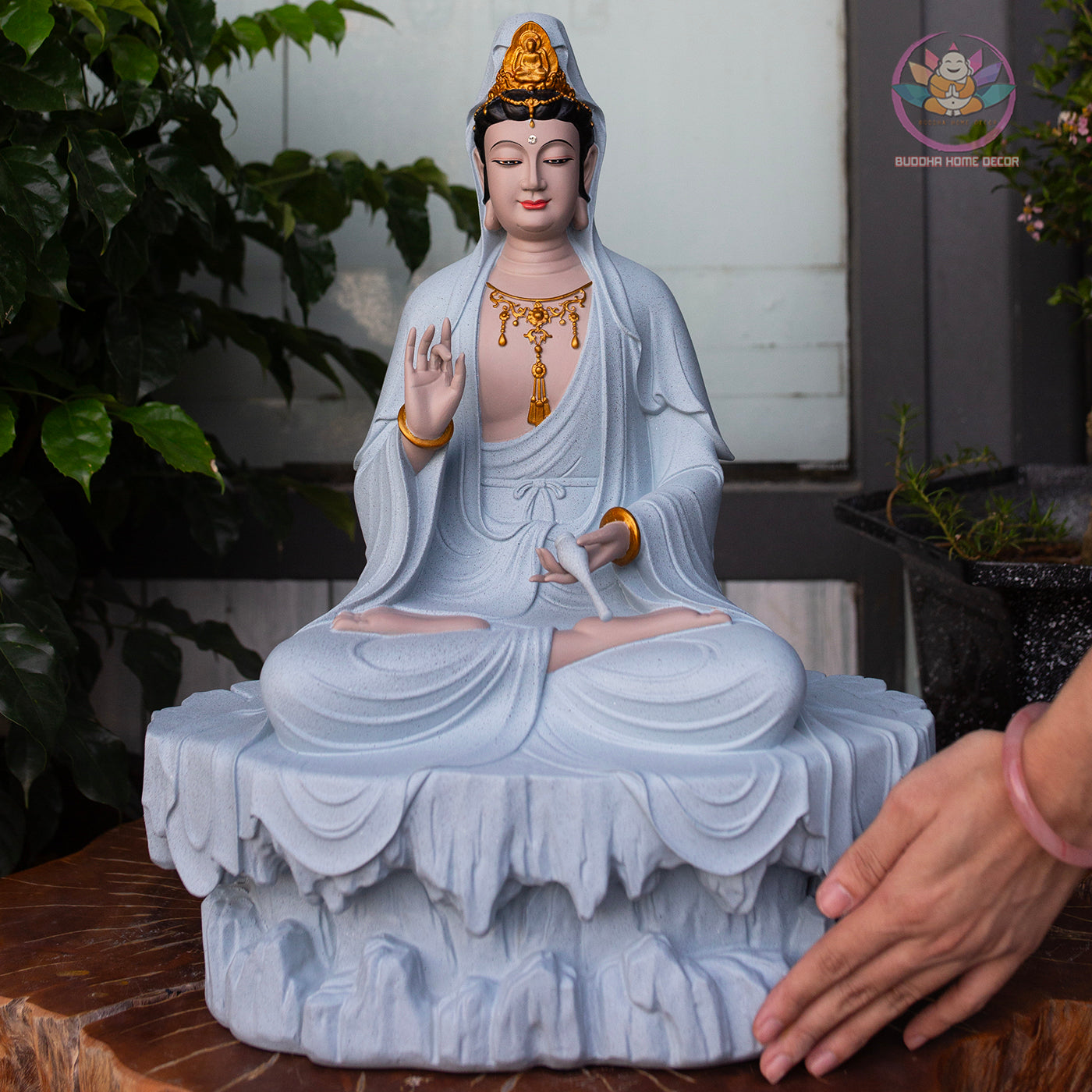 Guanyin Bodhisattva Statue 17.7" – Large Resin Kwan Yin Sitting on Rock Pedestal, Goddess of Mercy Sculpture, Zen Buddhist Altar Decor