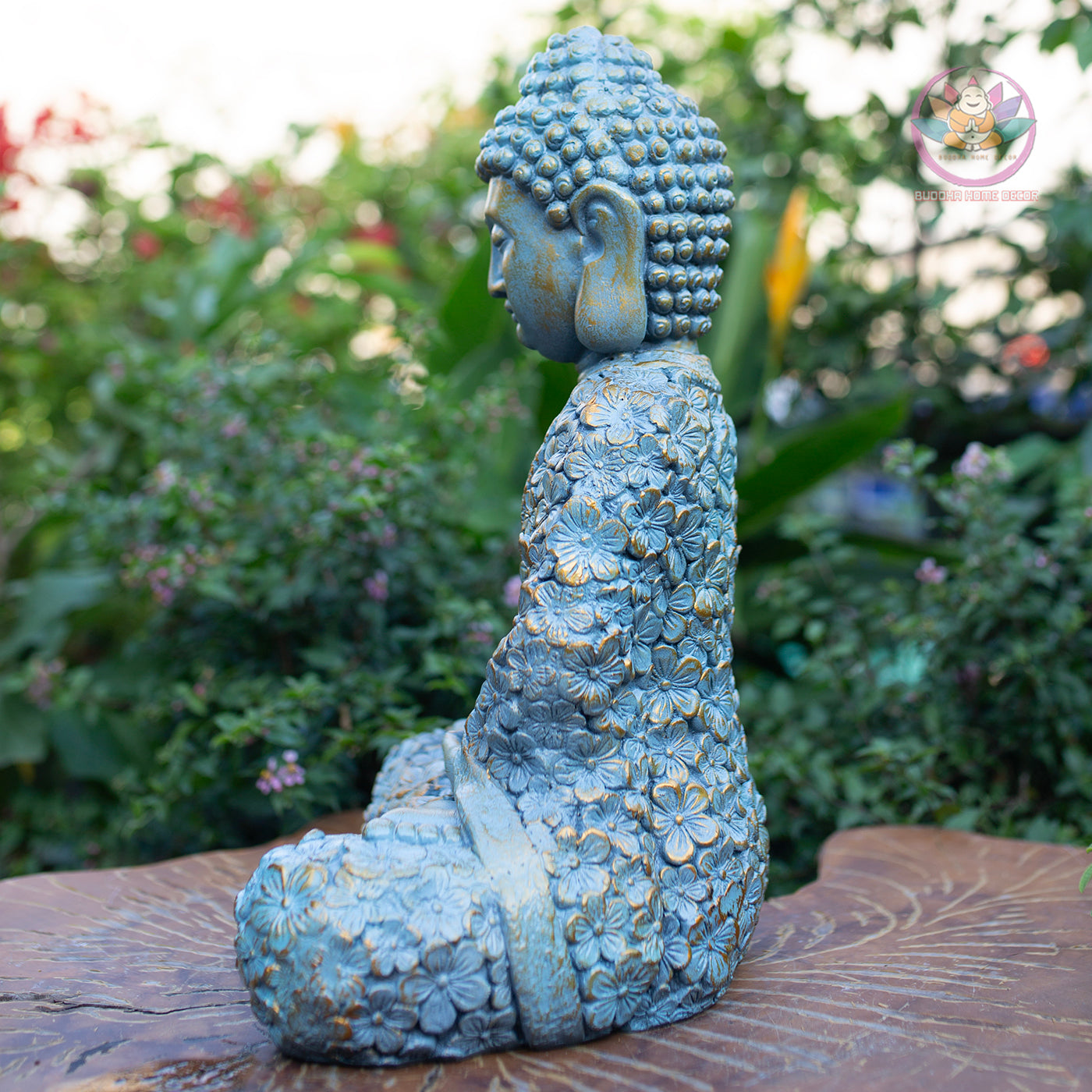 Shakyamuni Buddha Statue – Blue Floral Meditation Sculpture – Zen Home Decor, Buddhist Altar Ornament, Mindfulness Spiritual Gift
