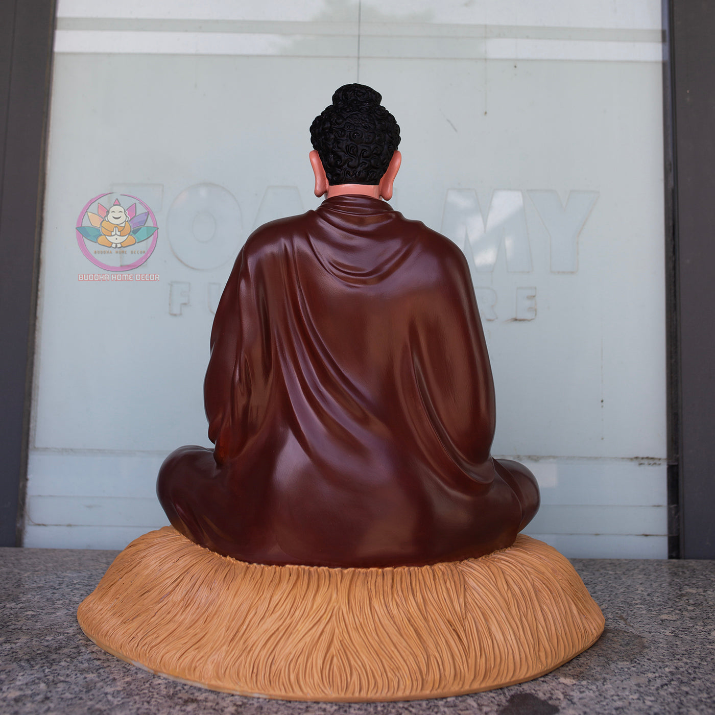 Shakyamuni Buddha Statue 23.6" Seated on Pedestial Glossy Ceramic Brown Finish