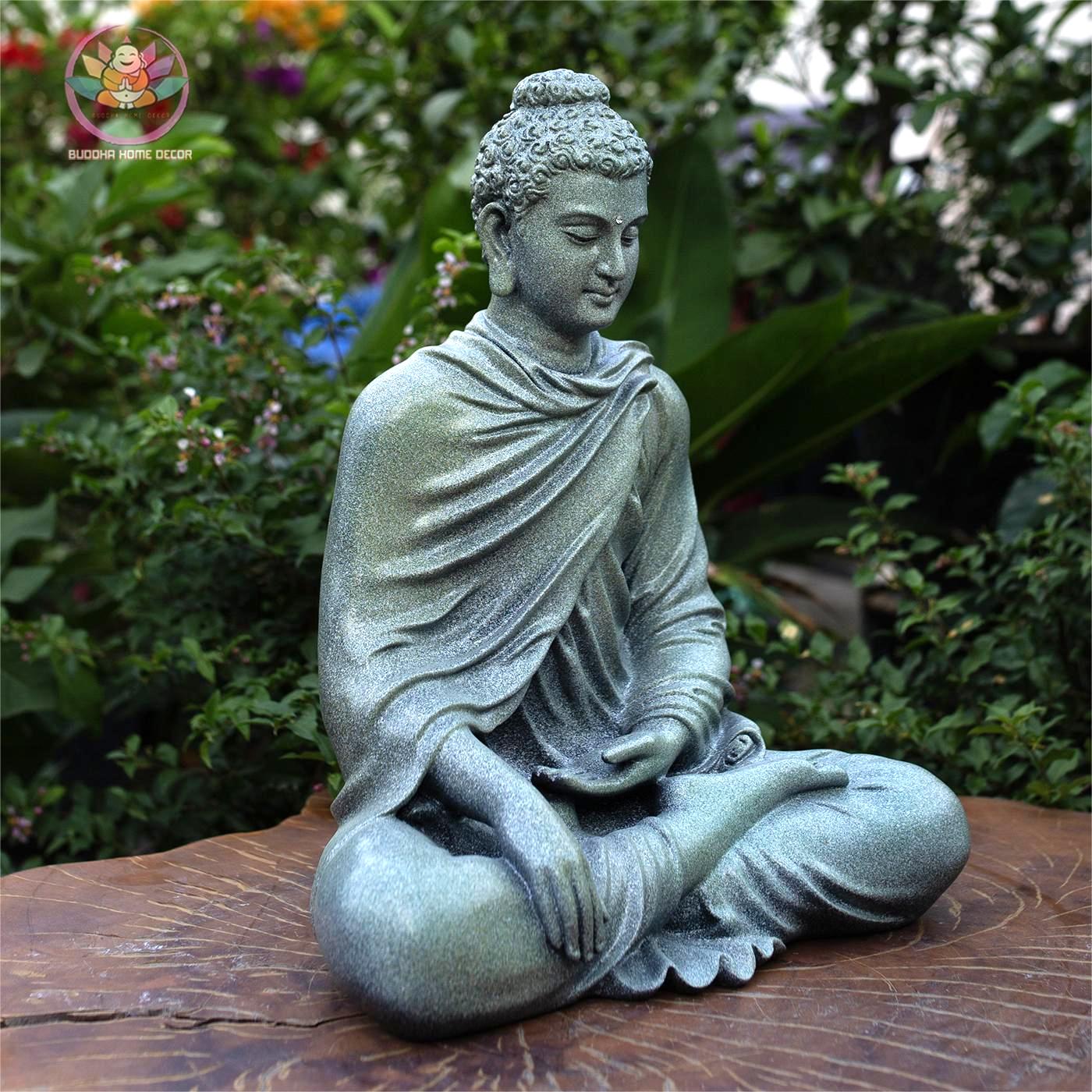 Granite-Look Buddha Statue – 14.6" (37cm) Shakyamuni in Earth-Touching Mudra | Resin Stone Meditation Sculpture | Handmade in Vietnam