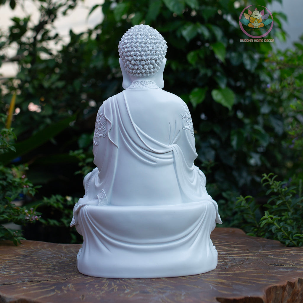 White Buddha Statue – 14.6" Resin Amitabha Buddha Figurine – Zen Home Altar Decor, Meditation Room, Spiritual Gift