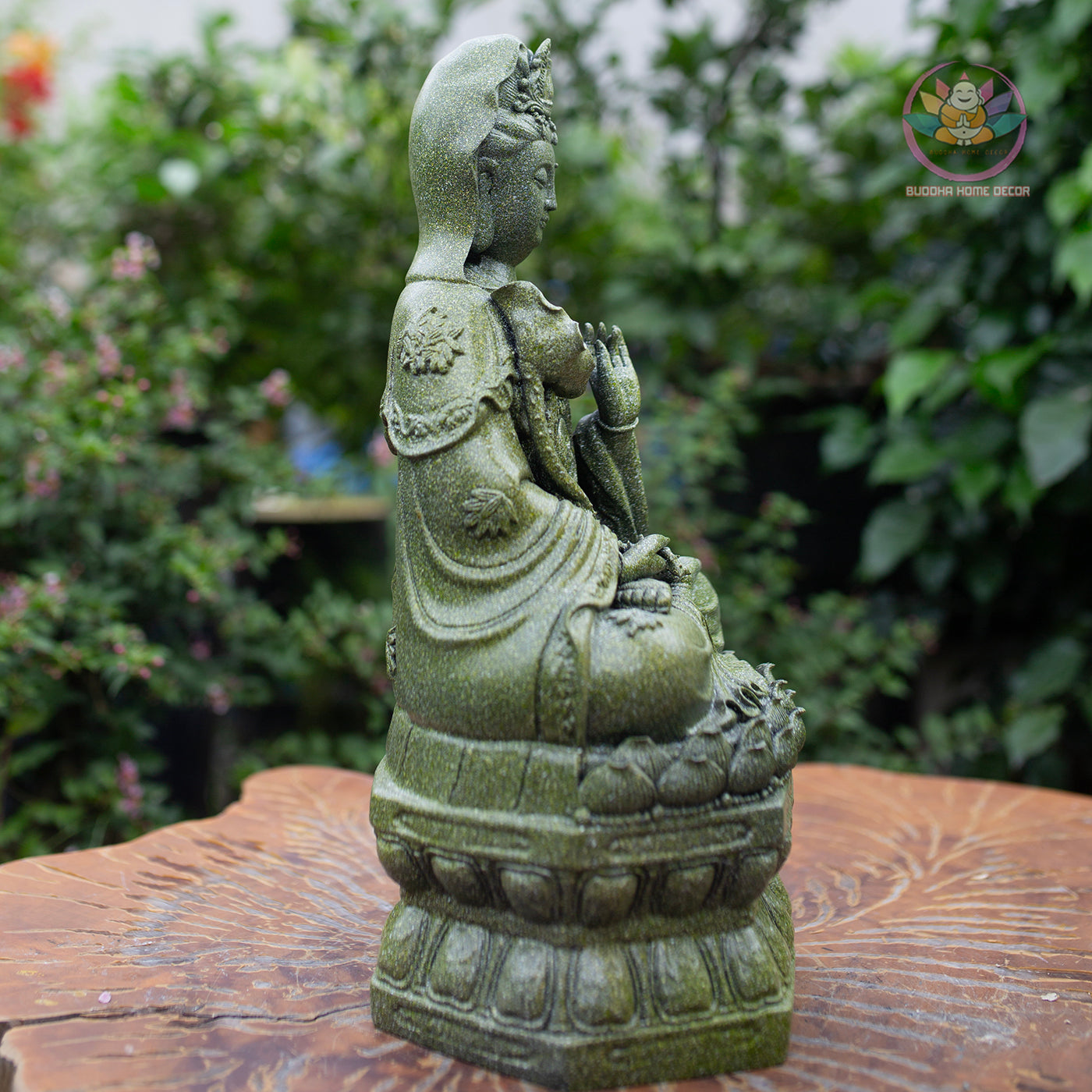 Guanyin Bodhisattva Statue 15.7" – Antique Green Stone Resin Kwan Yin Sculpture, Goddess of Mercy Figurine, Zen Buddhist Altar Decor Gift