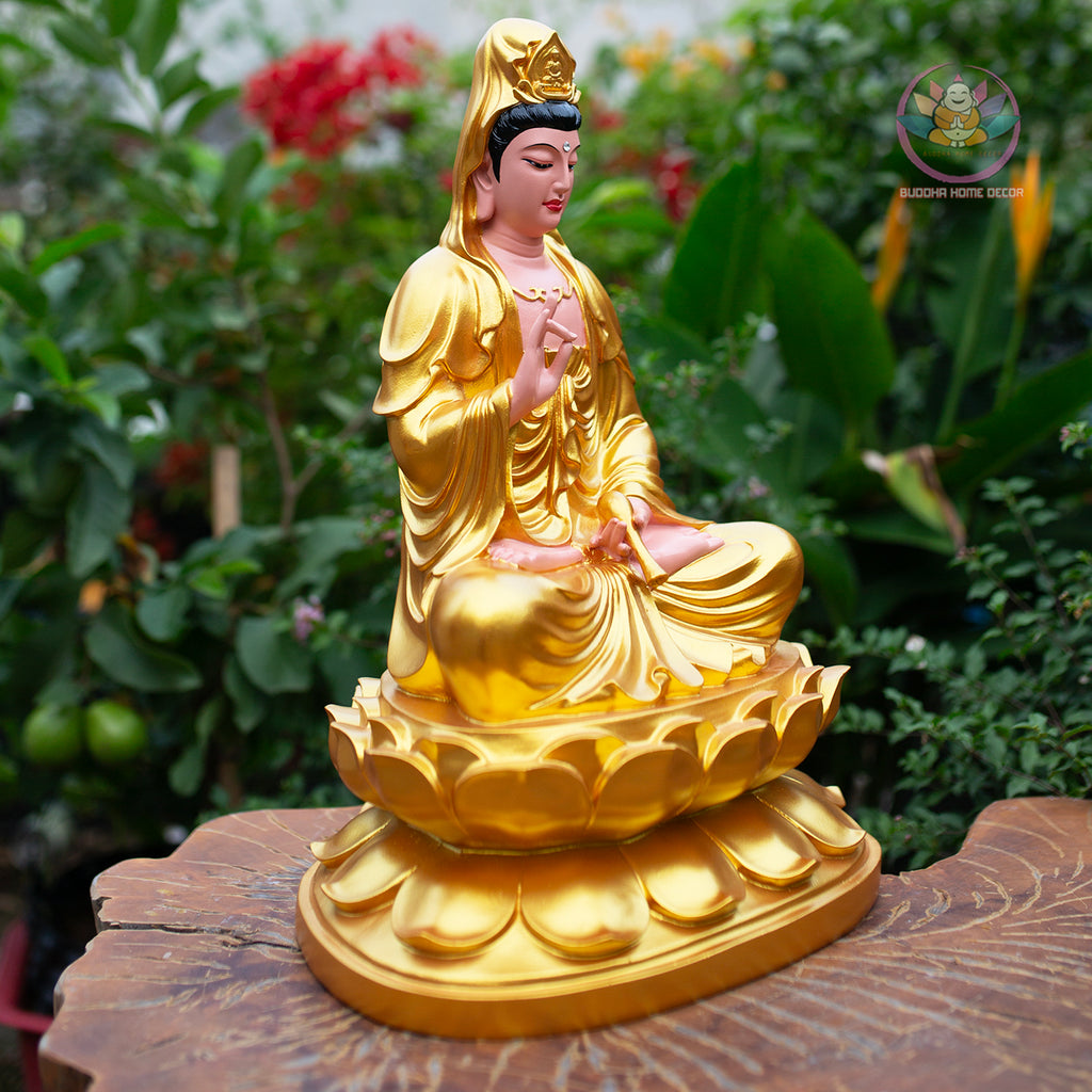 Golden Quan Yin Statue – Large Guanyin Goddess of Mercy on Lotus, Buddhist Altar & Meditation Room Decor (17.7”H x 12.2”W x 9.4”D)