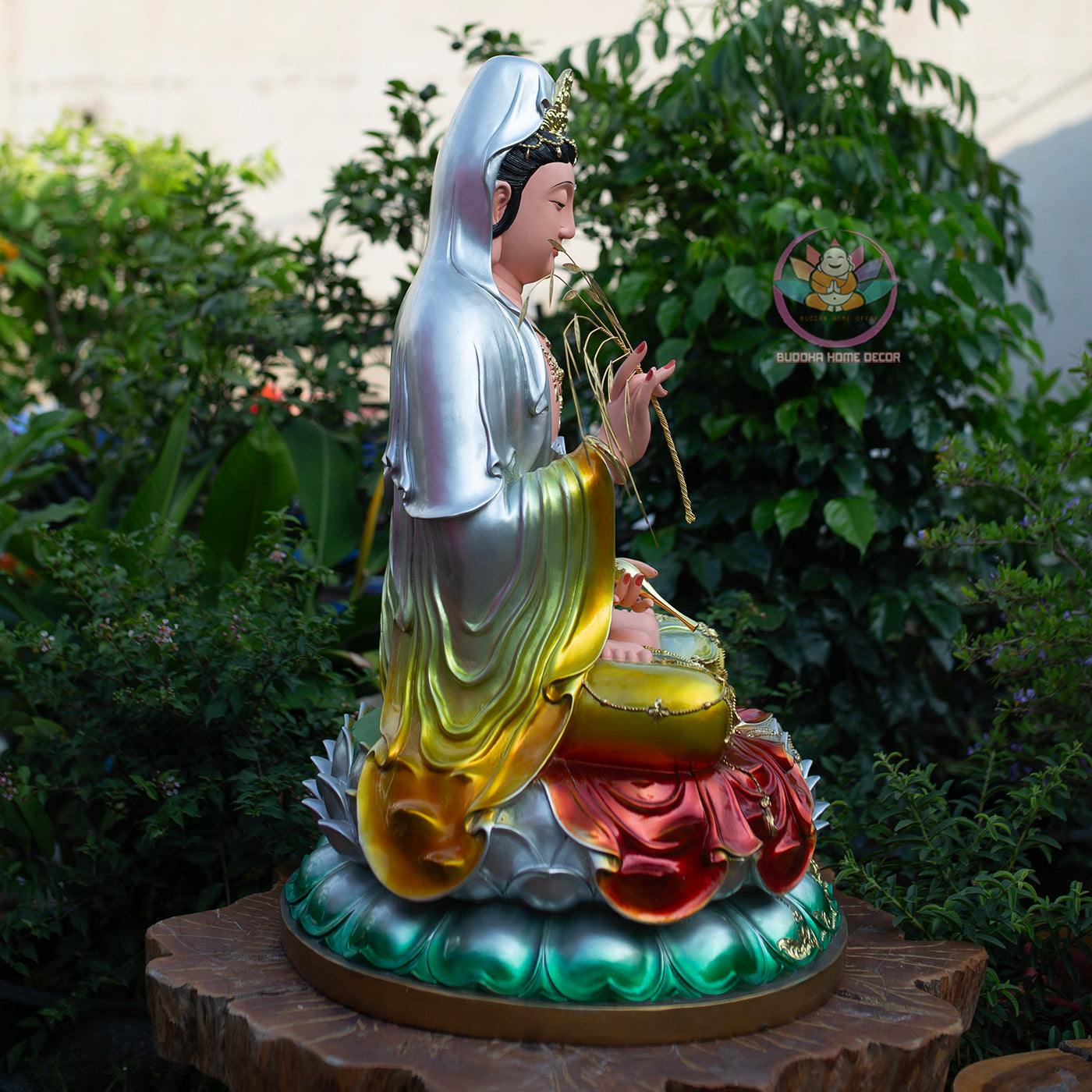 Multi-Color Quan Yin Statue 19.7" | Composite Resin and Stone Powder | Hand-Painted Guanyin Bodhisattva on Lotus Base | Buddhist Altar Decor