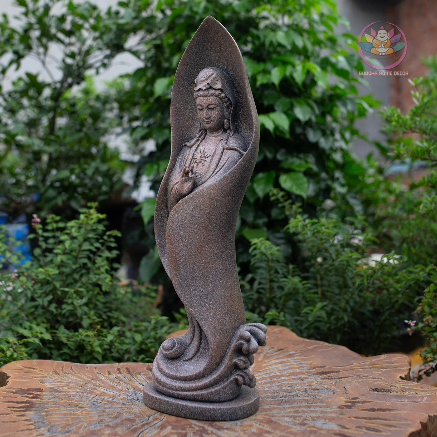 Guanyin Bodhisattva Statue 18.9" – Lotus Leaf Design Kwan Yin in Antique Stone Finish
