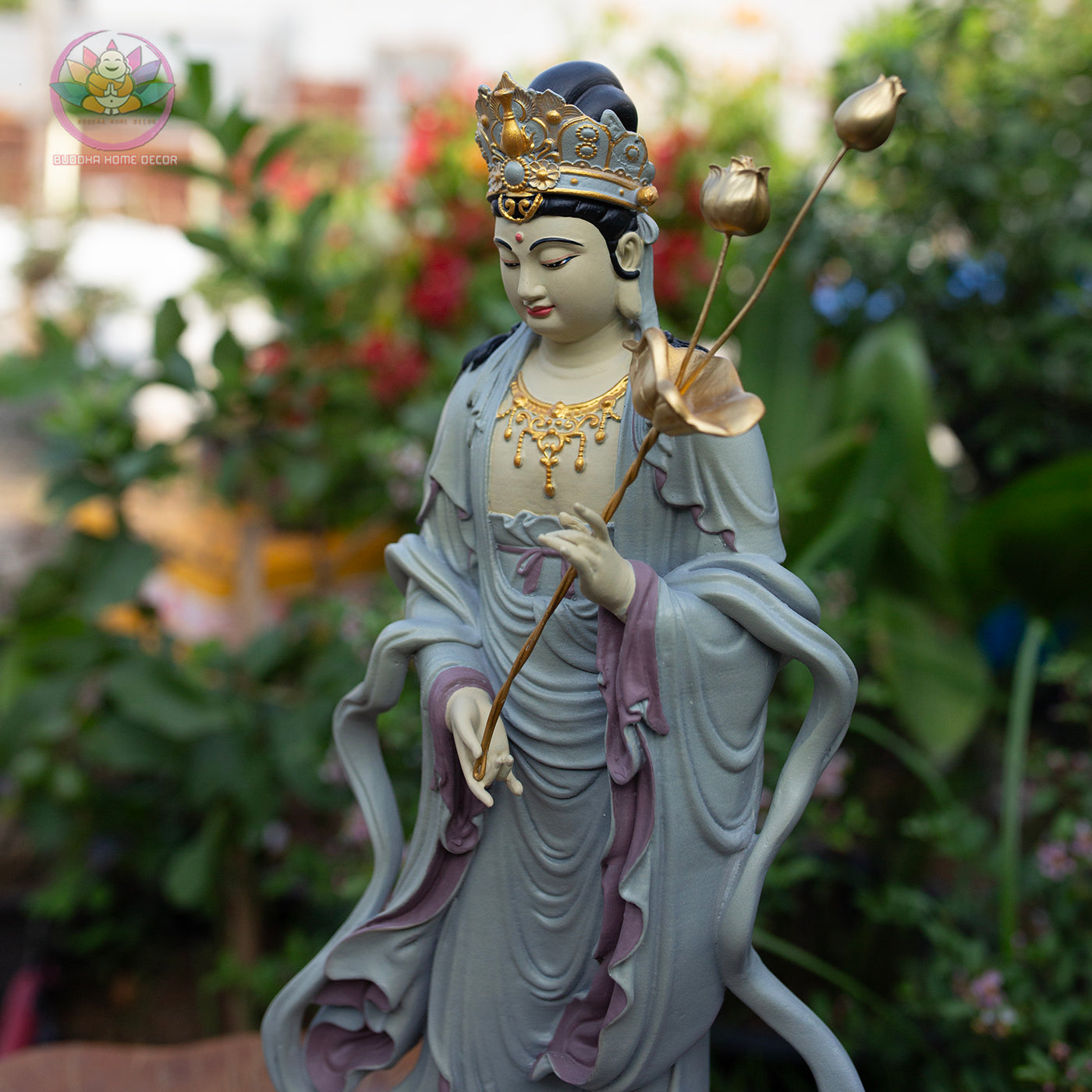Seishi Bodhisattva Statue – 19.7" (50cm) Standing Mahasthamaprapta with Lotus Staff | Hand-Painted Resin Sculpture | Buddhist Altar Decor