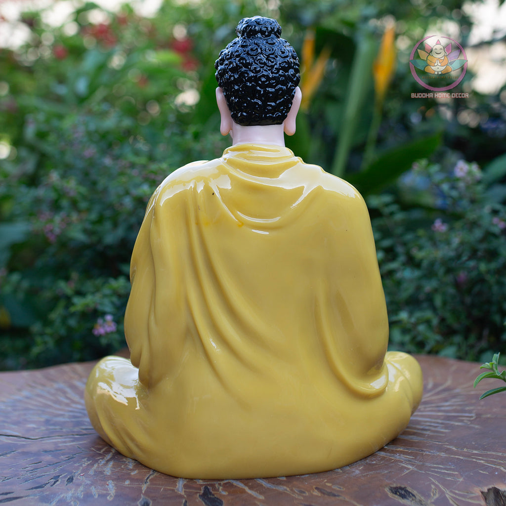 Shakyamuni Buddha Statue – Glossy Yellow Robe Meditation Sculpture – Zen Home Decor, Buddhist Altar Ornament, Spiritual Gift