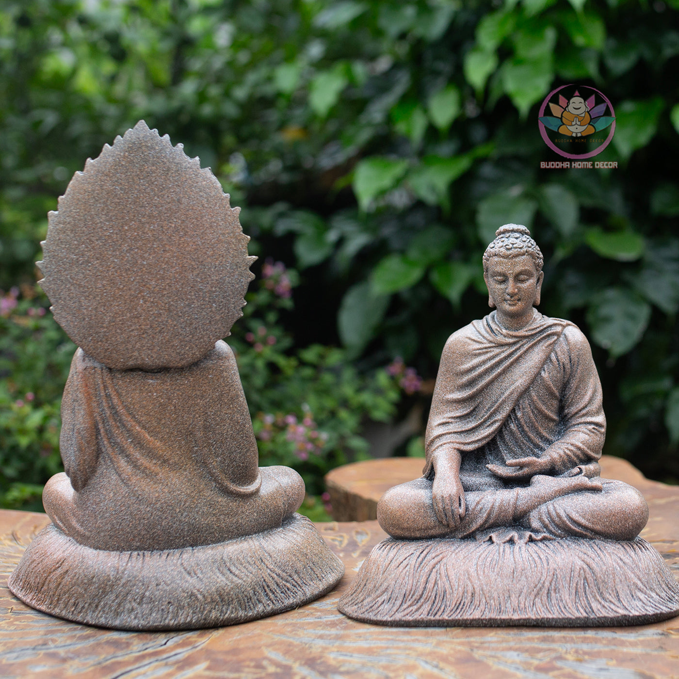 Shakyamuni Buddha Statue 8.7" – Antique Stone Finish Buddha with Halo Backdrop