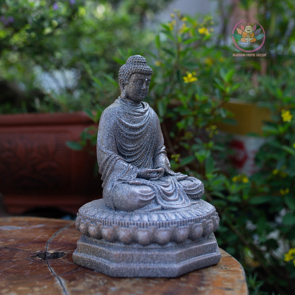 Shakyamuni Buddha Statue | Composite Resin and Stone Powder | Granite Stone Finish | Seated Meditation Buddha on Lotus Pedestal