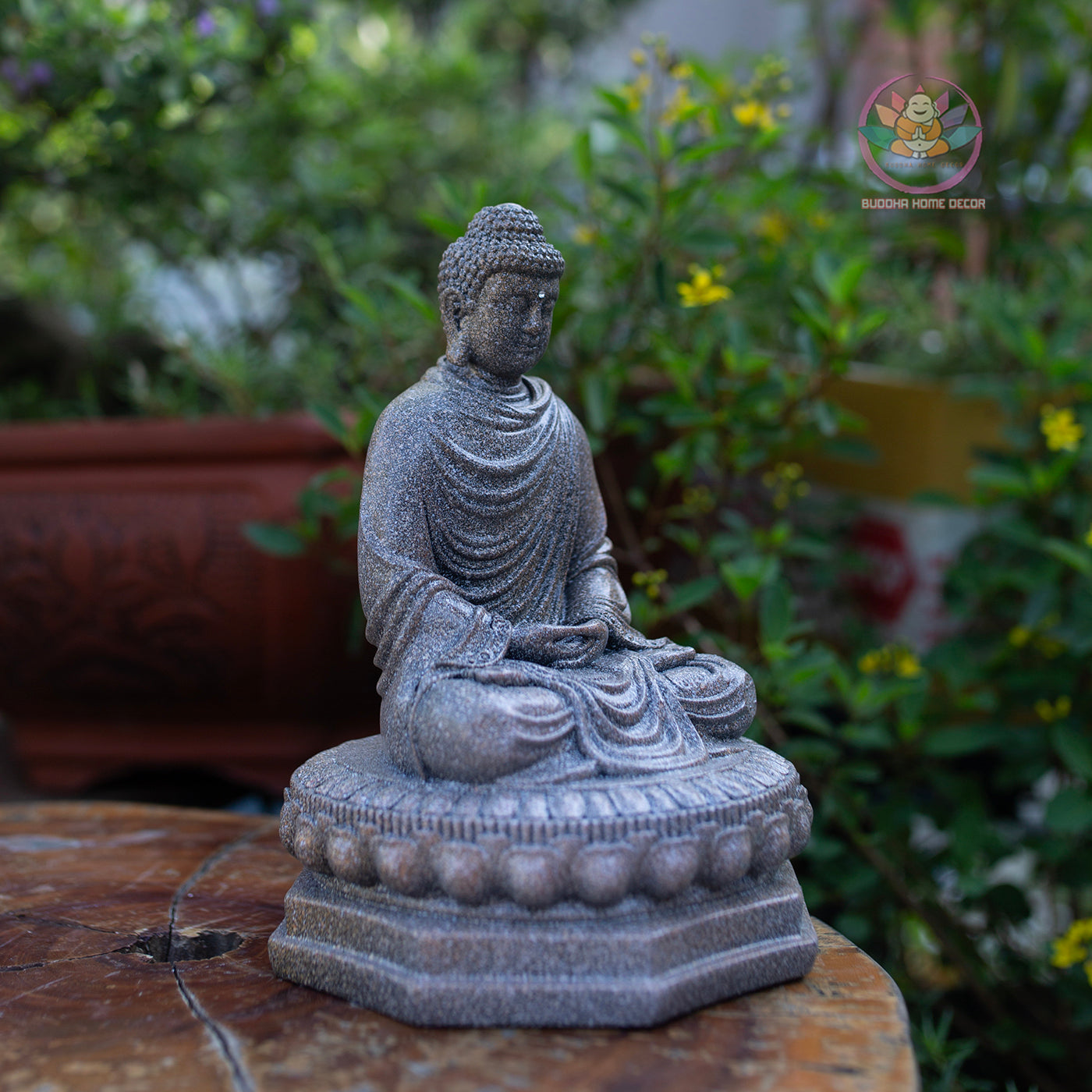 Shakyamuni Buddha Statue | Composite Resin and Stone Powder | Granite Stone Finish | Seated Meditation Buddha on Lotus Pedestal