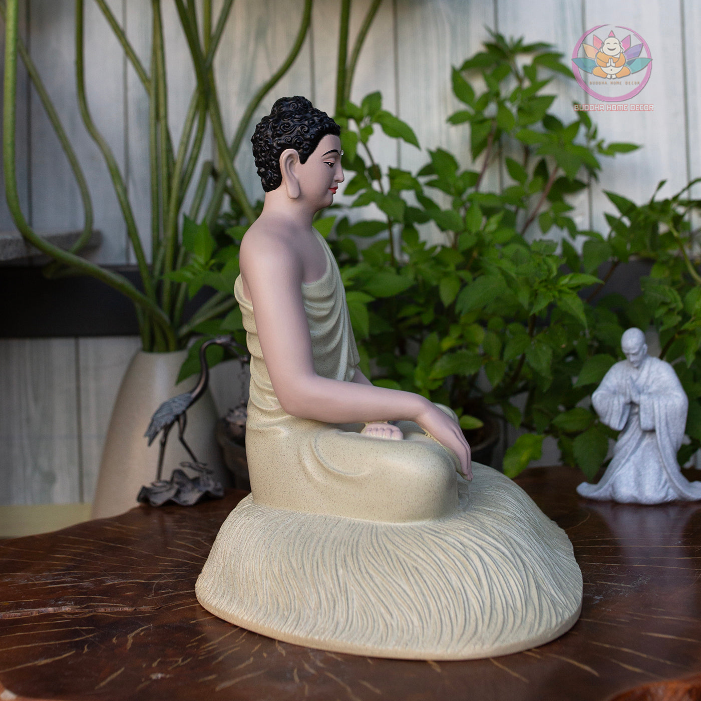 Cream White Shakyamuni Buddha Statue – 11.8" Resin Sculpture on Lotus Base | Elegant Buddhist Decor for Meditation & Home Altar
