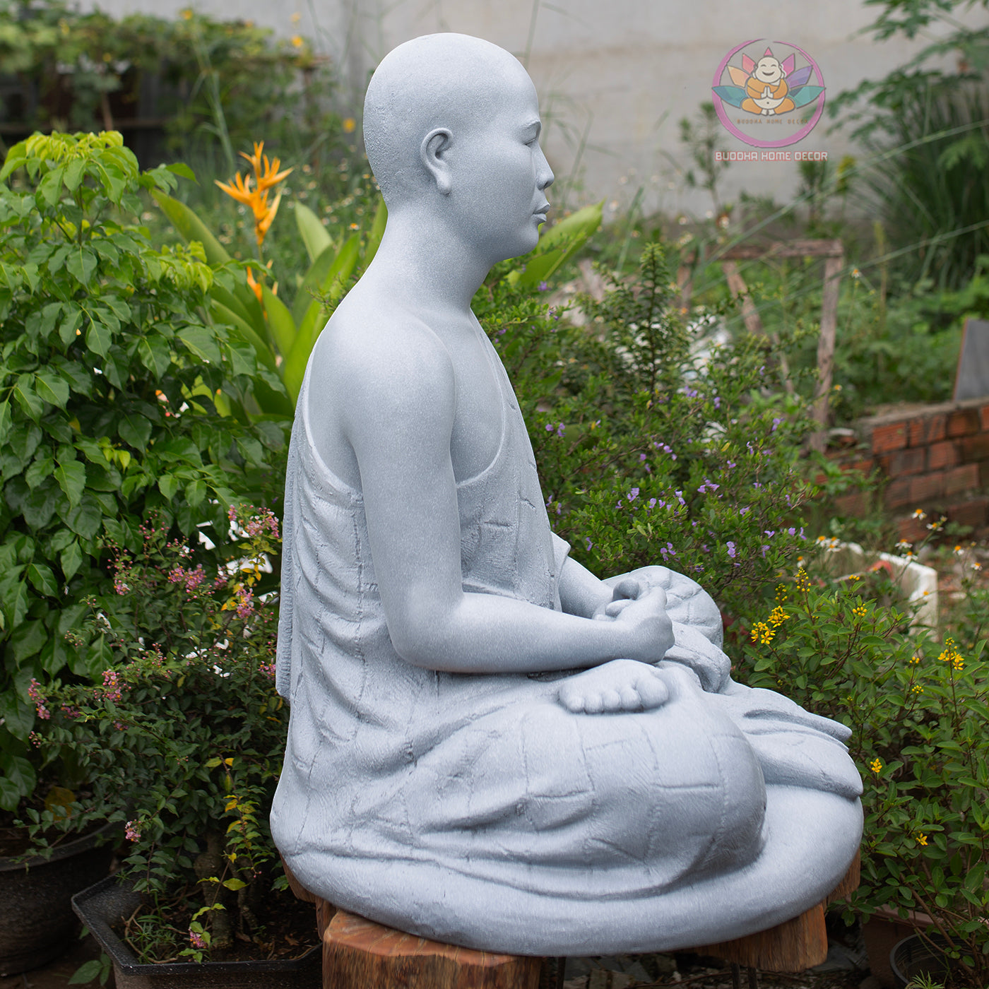 Thich Minh Quang Monk Statue 36" | Composite Resin and Stone Powder | Grey Stone Finish | Seated Meditation Monk Sculpture