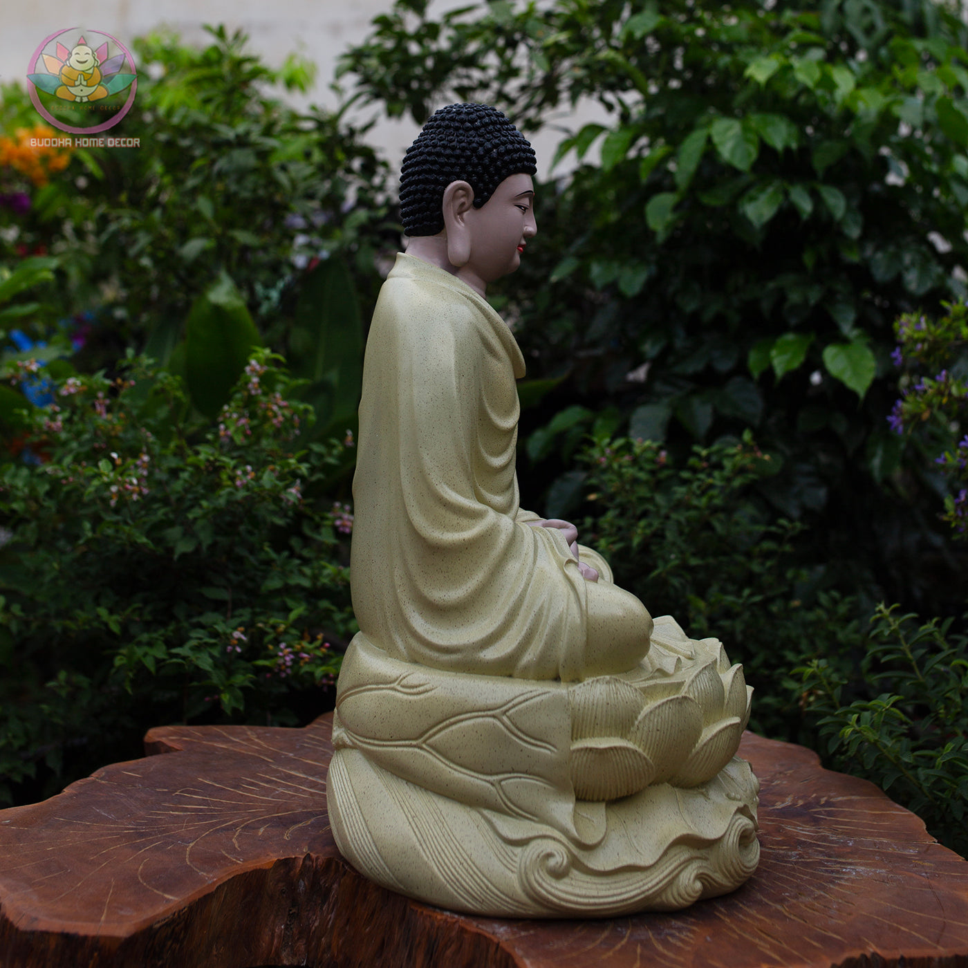 Shakyamuni Buddha Statue on Lotus – 18.9" (48cm) Cream Yellow Resin | Meditation Pose | Handcrafted Vietnamese Buddhist Decor