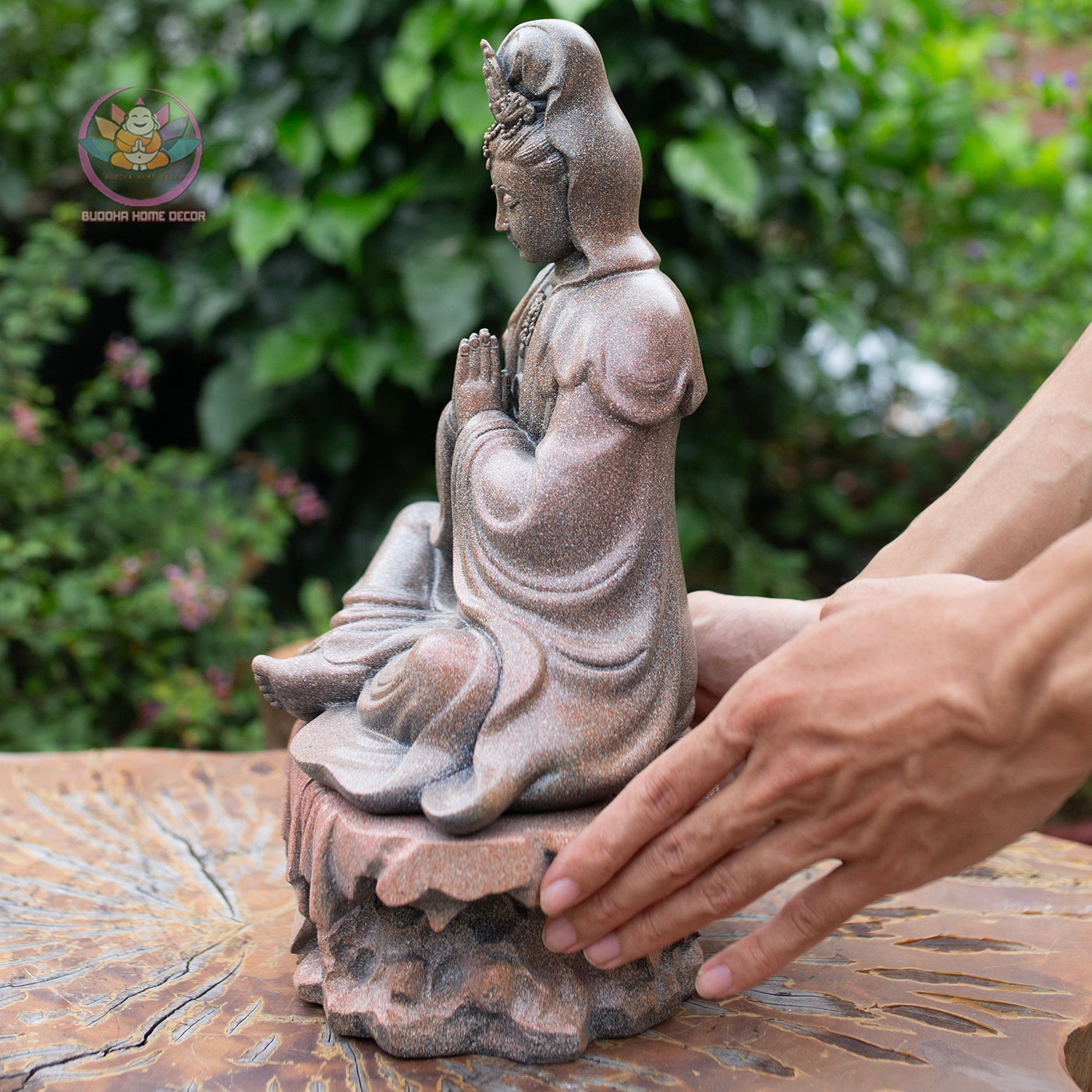 Guanyin Bodhisattva Statue 13" – Antique Stone Finish Kwan Yin with Praying Hands