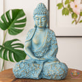 Shakyamuni Buddha Statue – Blue Floral Meditation Sculpture – Zen Home Decor, Buddhist Altar Ornament, Mindfulness Spiritual Gift