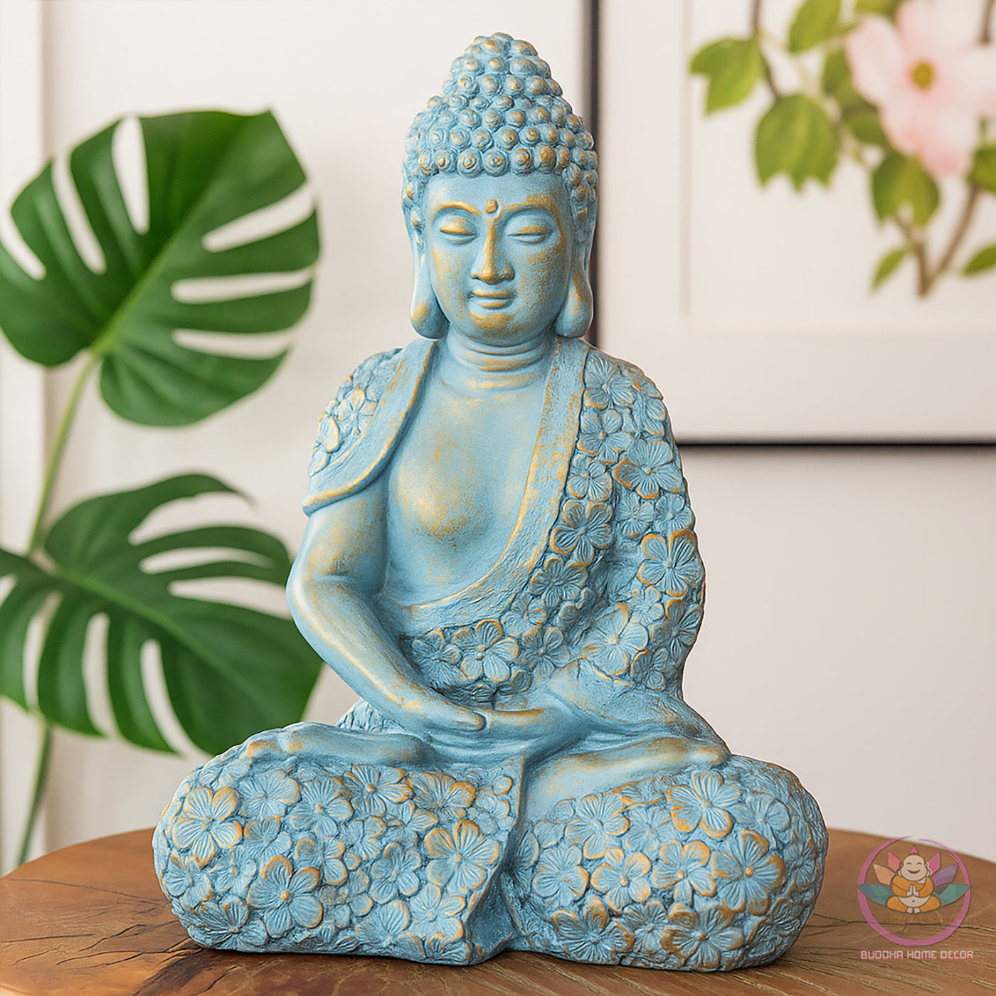 Shakyamuni Buddha Statue – Blue Floral Meditation Sculpture – Zen Home Decor, Buddhist Altar Ornament, Mindfulness Spiritual Gift