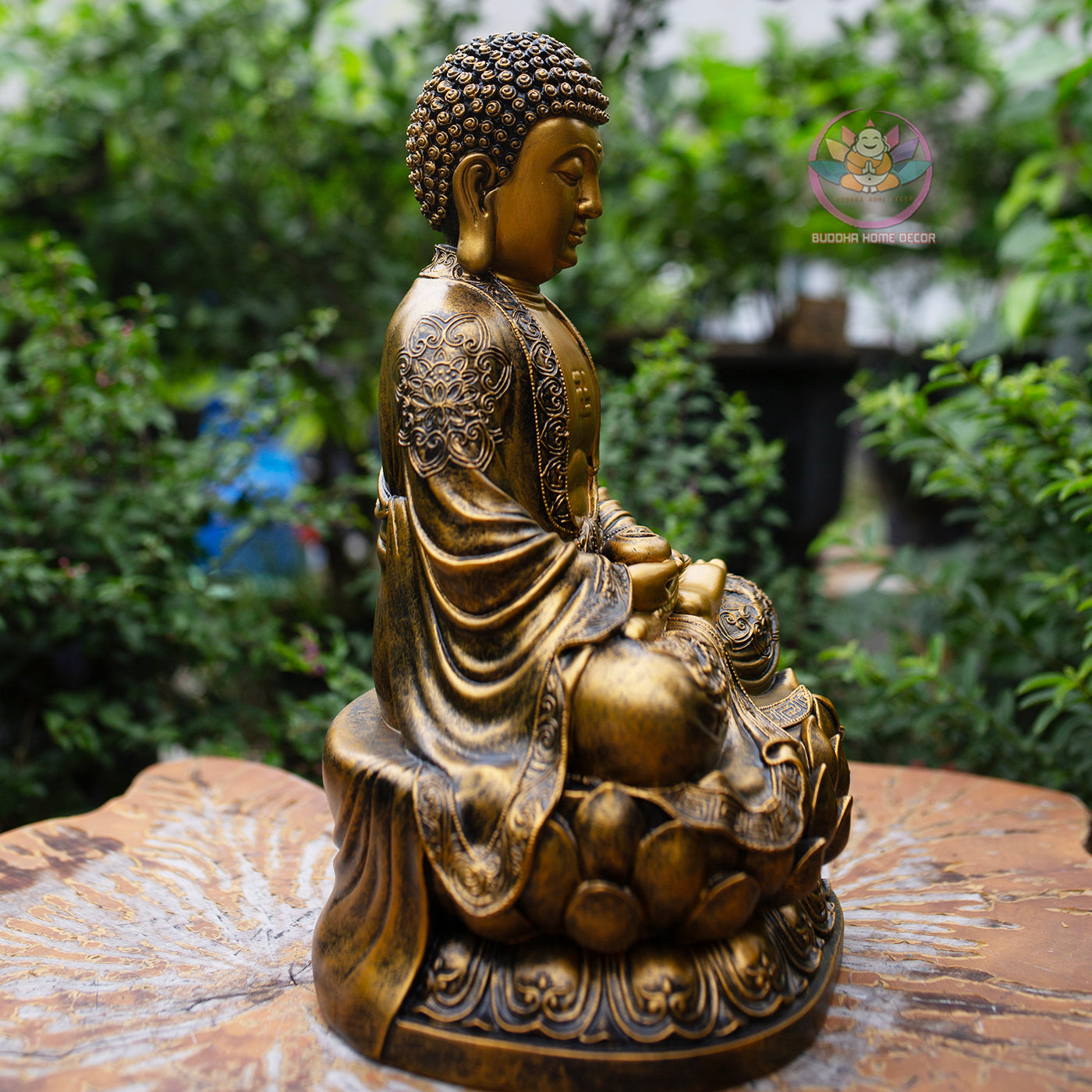 Golden Amitabha Buddha Statue – 14.9" Resin & Stone Sculpture | Meditating Buddha on Lotus Base