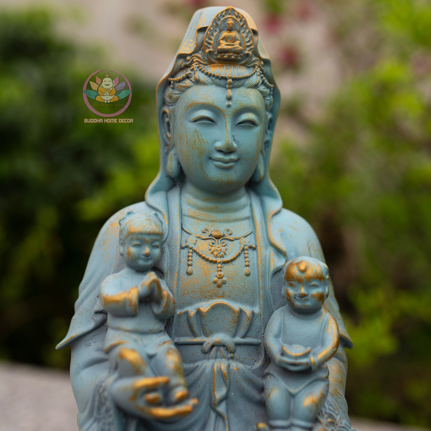 Quan Yin with Children Statue 11.8" | Composite Resin and Stone Powder | Blue Finish Guanyin Bodhisattva