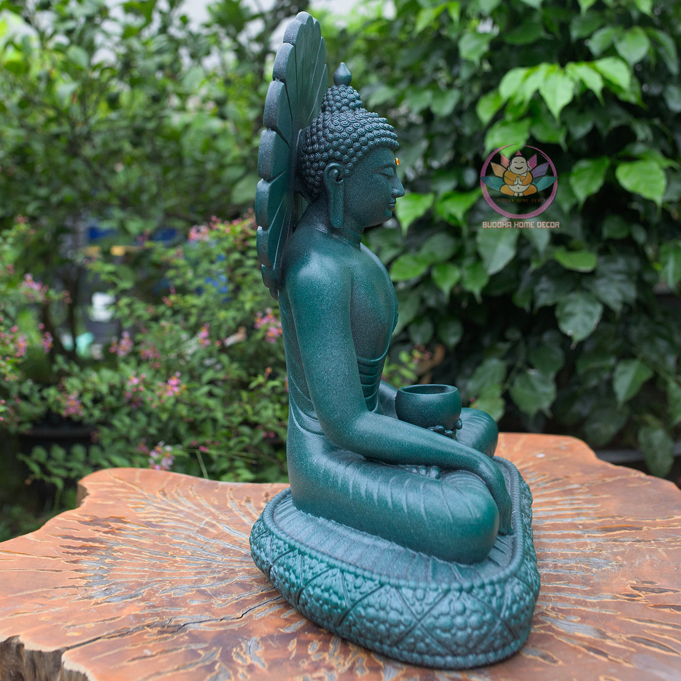Thai Buddha Statue 15.3" – Composite Seated Buddha with Lotus Bowl and Halo, Antique Green Finish Meditation Sculpture