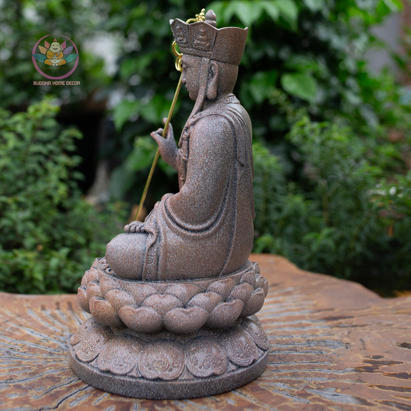 Ksitigarbha Bodhisattva Statue 11.8" – Antique Stone Finish Jizo with Lotus Pedestal
