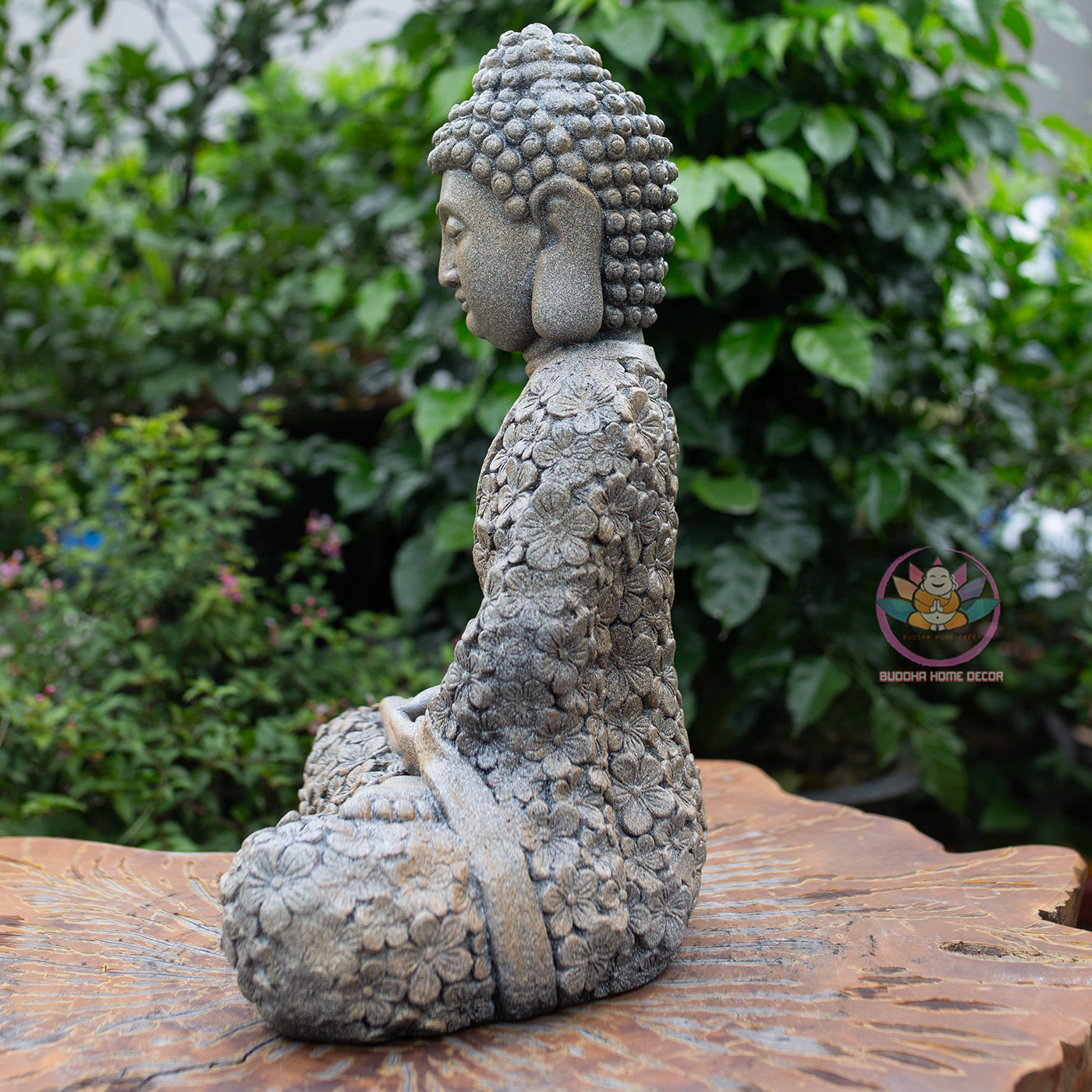 Meditating Buddha Statue 16.9" – Antique Stone Finish Floral Robe Buddha Sculpture