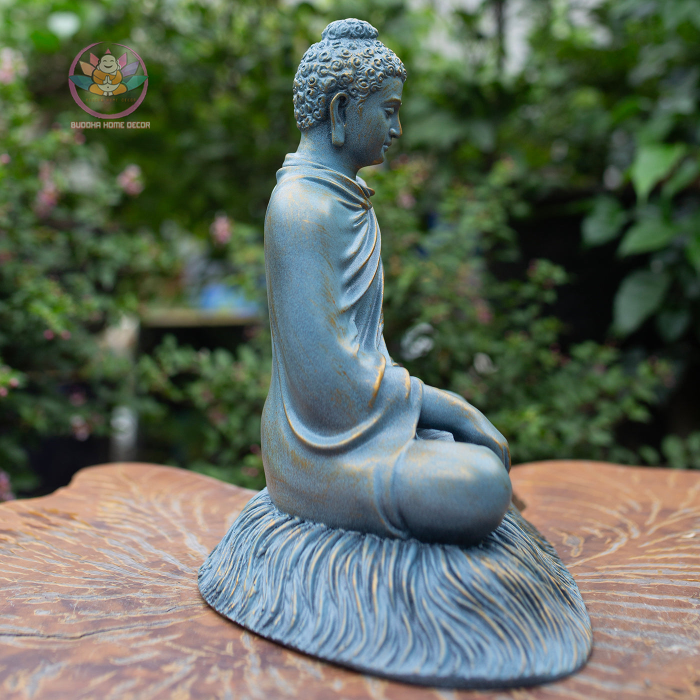 Shakyamuni Buddha Statue 11.8" – Antique Bronze Blue Resin Meditation Sculpture, Seated Buddhist Figurine, Zen Home Altar Spiritual Decor