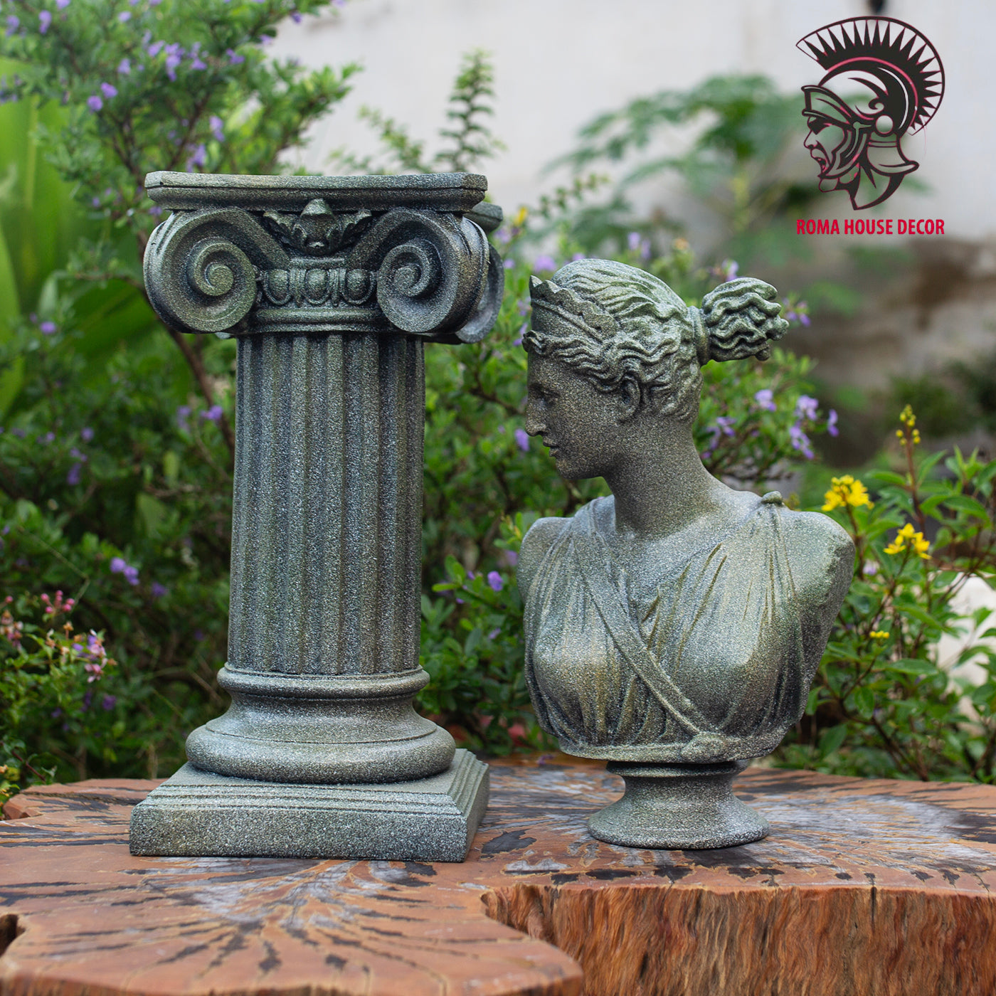 Greek Goddess Artemis Bust with Column Pedestal – Classic Green Stone Finish Sculpture Set (11.8" & 13")