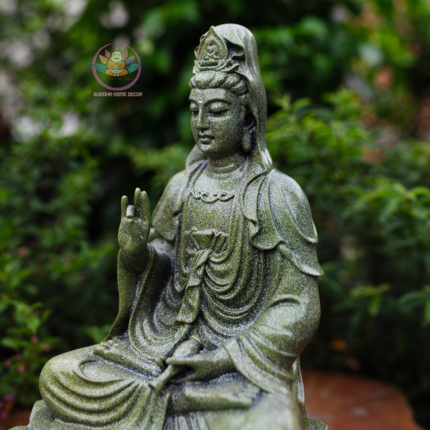 Quan Yin Bodhisattva Statue 11.8" | Green Stone Finish | Seated Guanyin on Lotus Pedestal