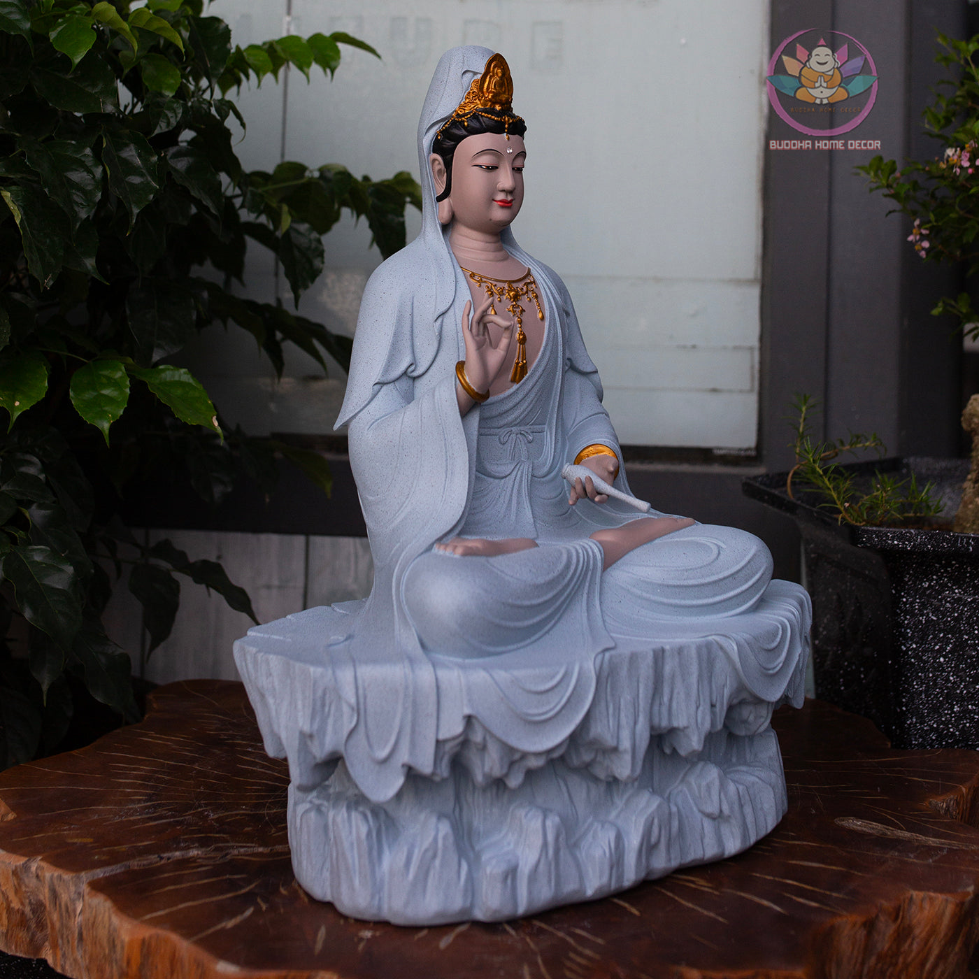 Guanyin Bodhisattva Statue 17.7" – Large Resin Kwan Yin Sitting on Rock Pedestal, Goddess of Mercy Sculpture, Zen Buddhist Altar Decor