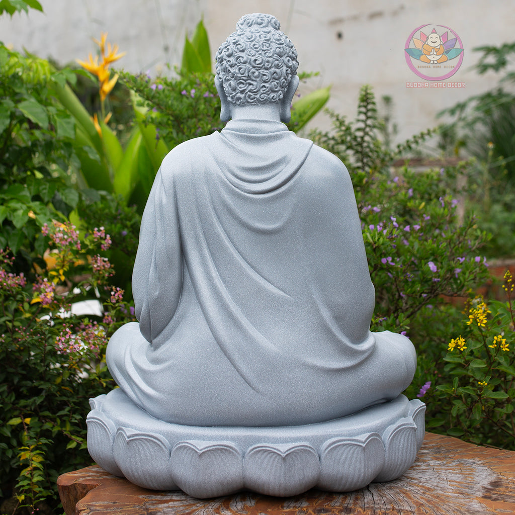 Shakyamuni Buddha Statue 23.6" | Composite Resin and Stone Powder | Grey Stone Finish | Seated Meditation Buddha on Lotus Pedestal