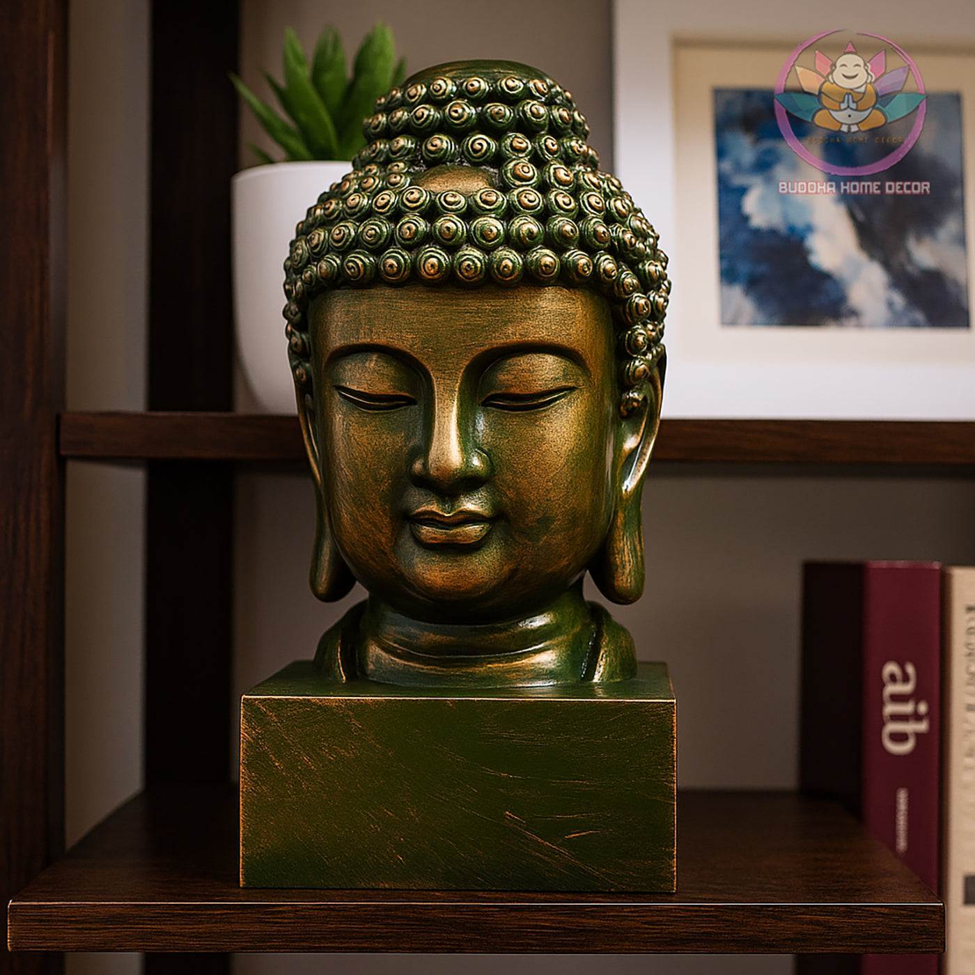 Buddha Head Statue – Antique Bronze Resin Sculpture – Zen Home Decor, Meditation Space Accent, Spiritual Gift, Asian Art Ornament