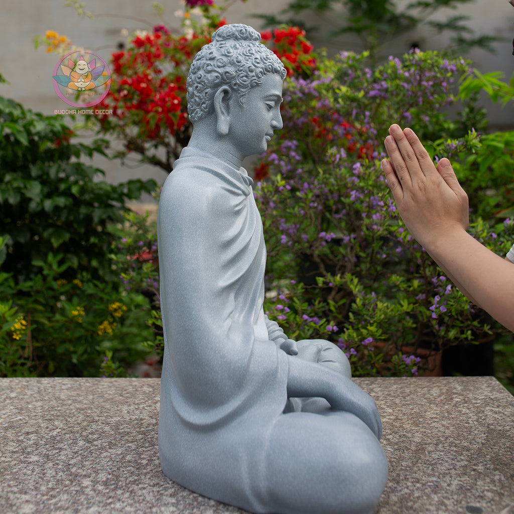 Shakyamuni Buddha Statue 23.6" | Composite Resin and Stone Powder | Gray Stone Finish