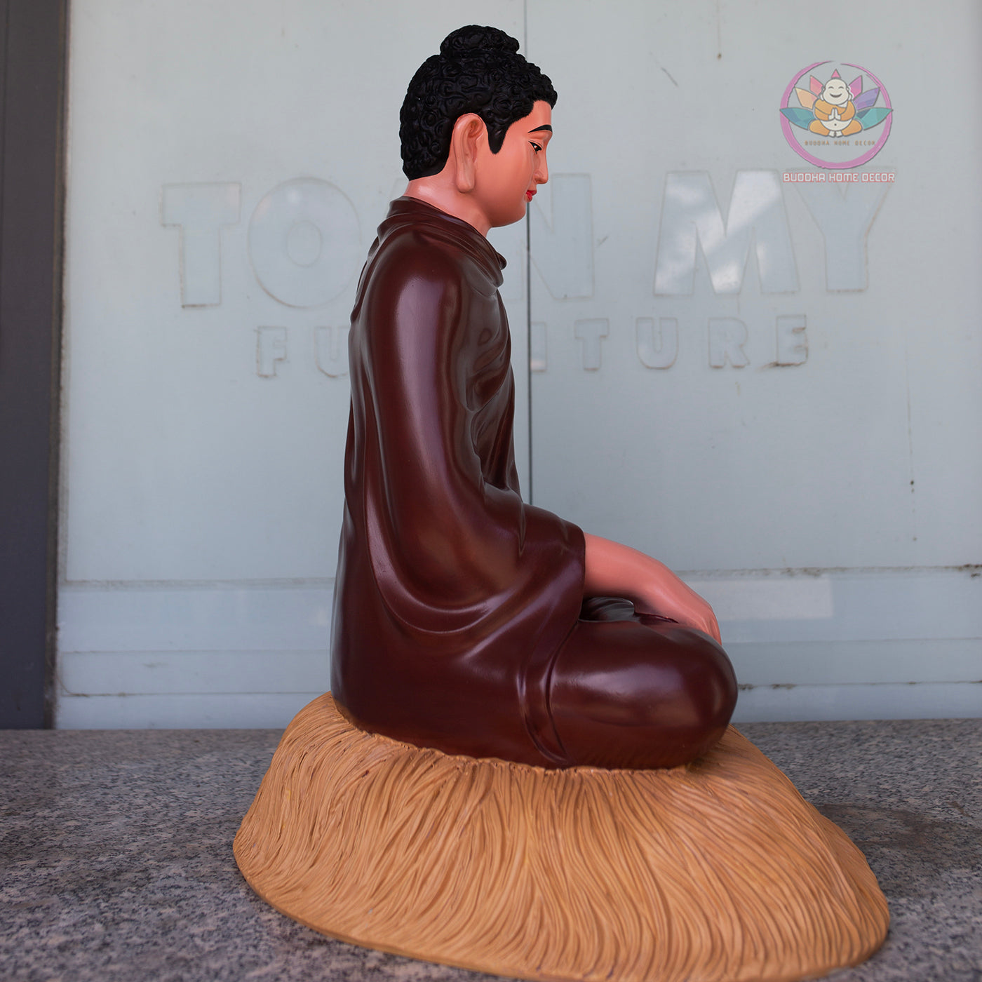 Shakyamuni Buddha Statue 23.6" Seated on Pedestial Glossy Ceramic Brown Finish