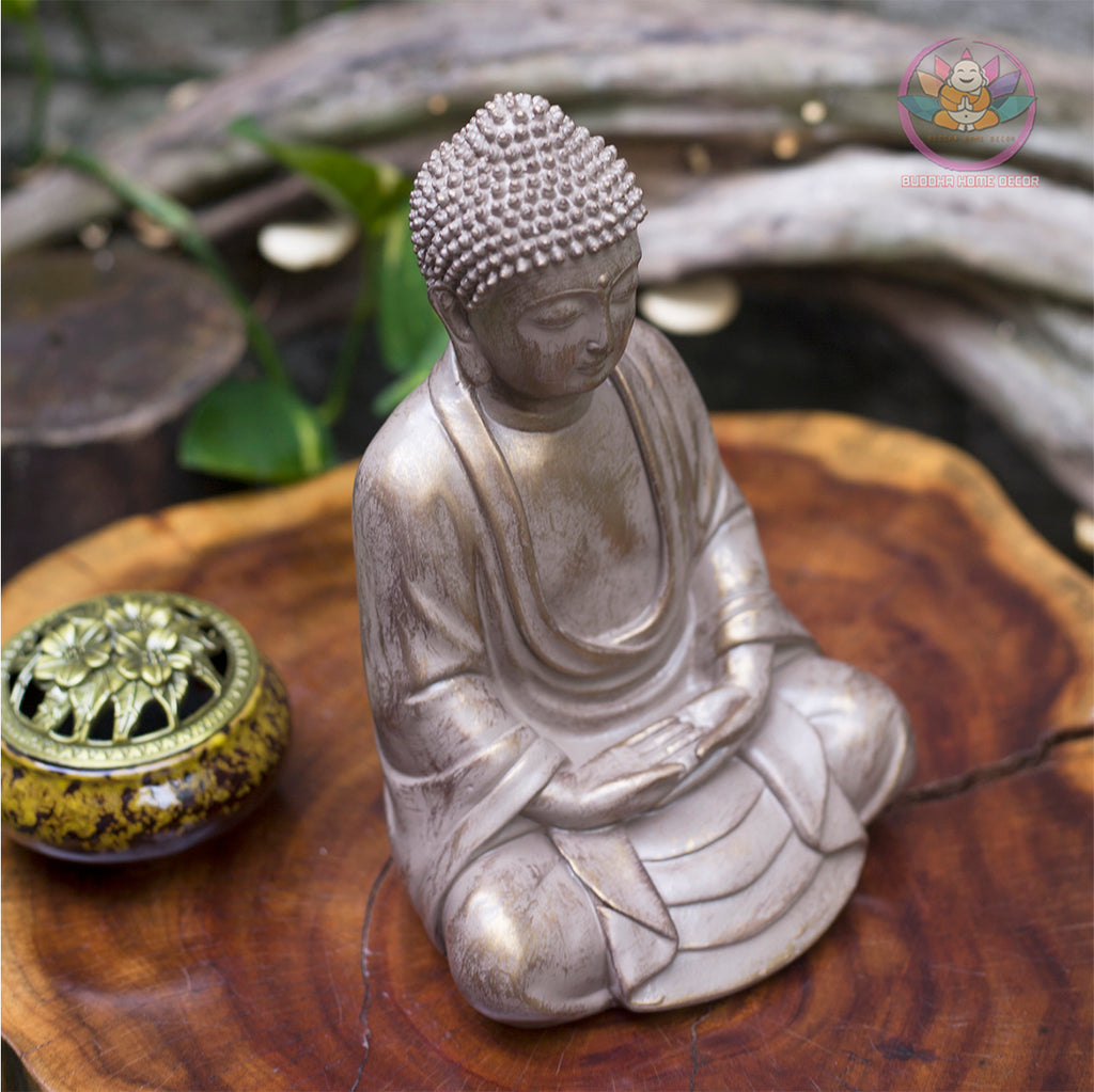Small Stone Finish Buddha Statue – 9.8" Resin Meditating Buddha Figurine – Zen Altar, Meditation Space, Peaceful Home Decor Gift