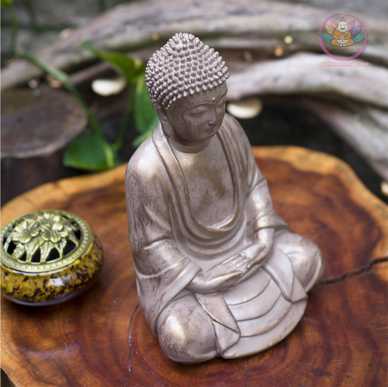 Small Stone Finish Buddha Statue – 9.8" Resin Meditating Buddha Figurine – Zen Altar, Meditation Space, Peaceful Home Decor Gift