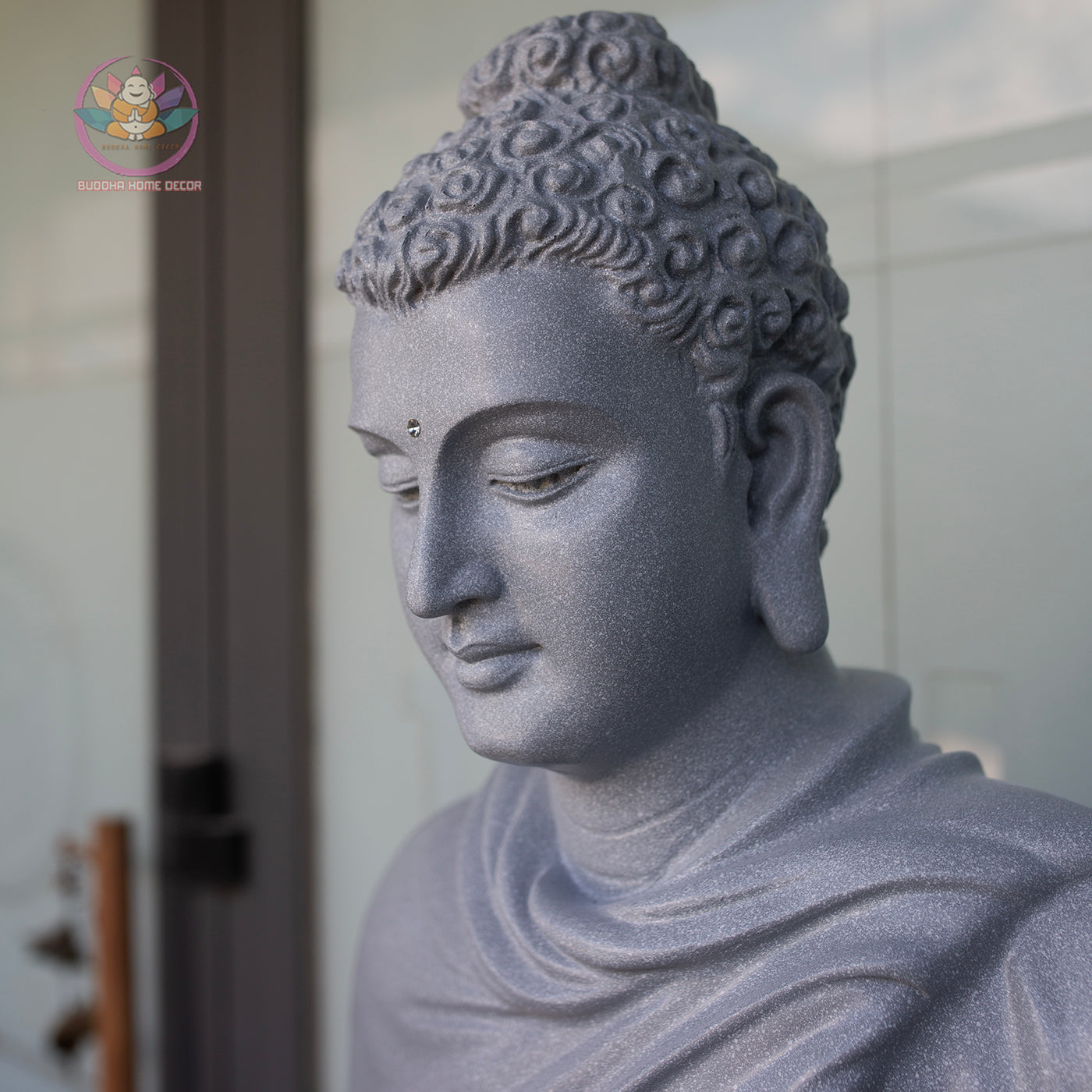 Shakyamuni Buddha Statue – Large Grey Stone Finish Seated Buddha Meditation Sculpture 29.5"