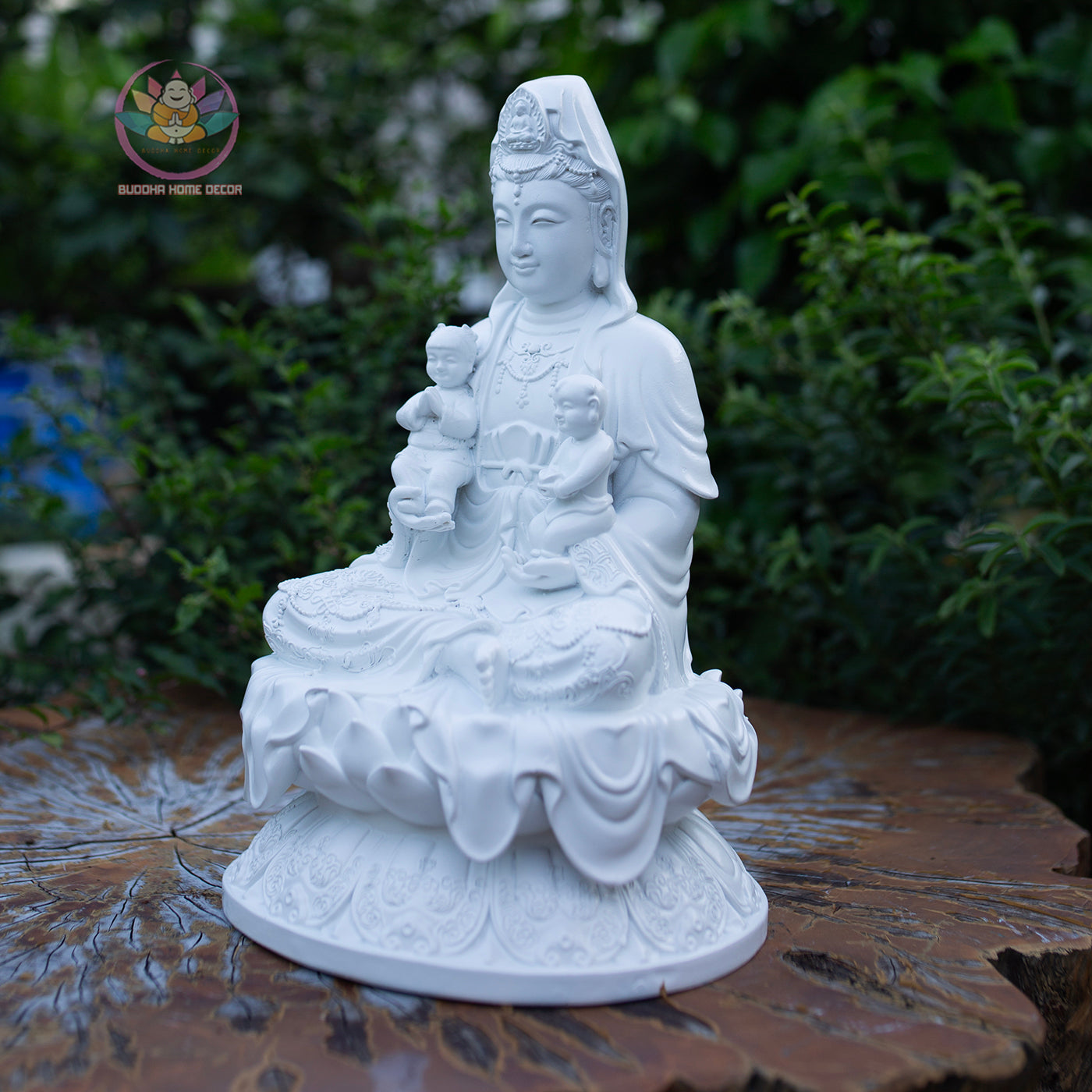 Quan Yin with Children Statue 11.8" | Composite Resin and Stone Powder | White Finish Guanyin Bodhisattva