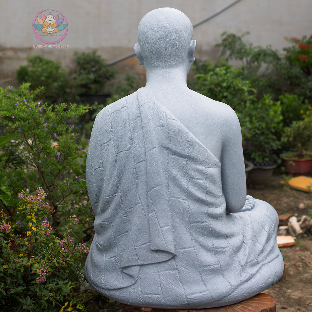 Thich Minh Quang Monk Statue 36" | Composite Resin and Stone Powder | Grey Stone Finish | Seated Meditation Monk Sculpture